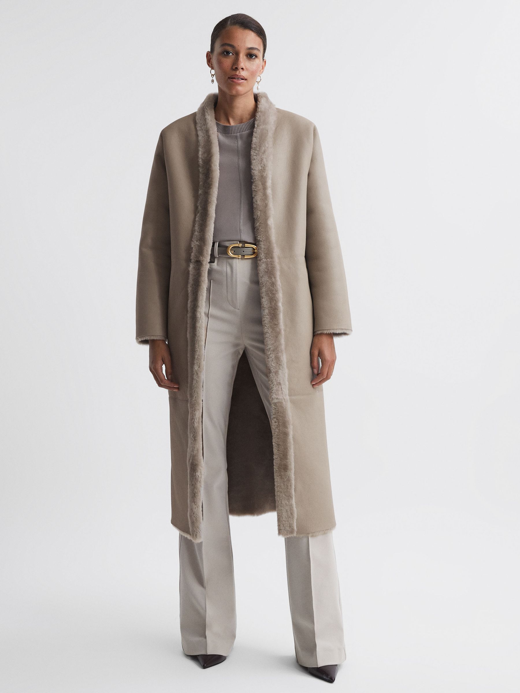 Reversible Leather Shearling Jacket in Light Grey - Image 3 of 9