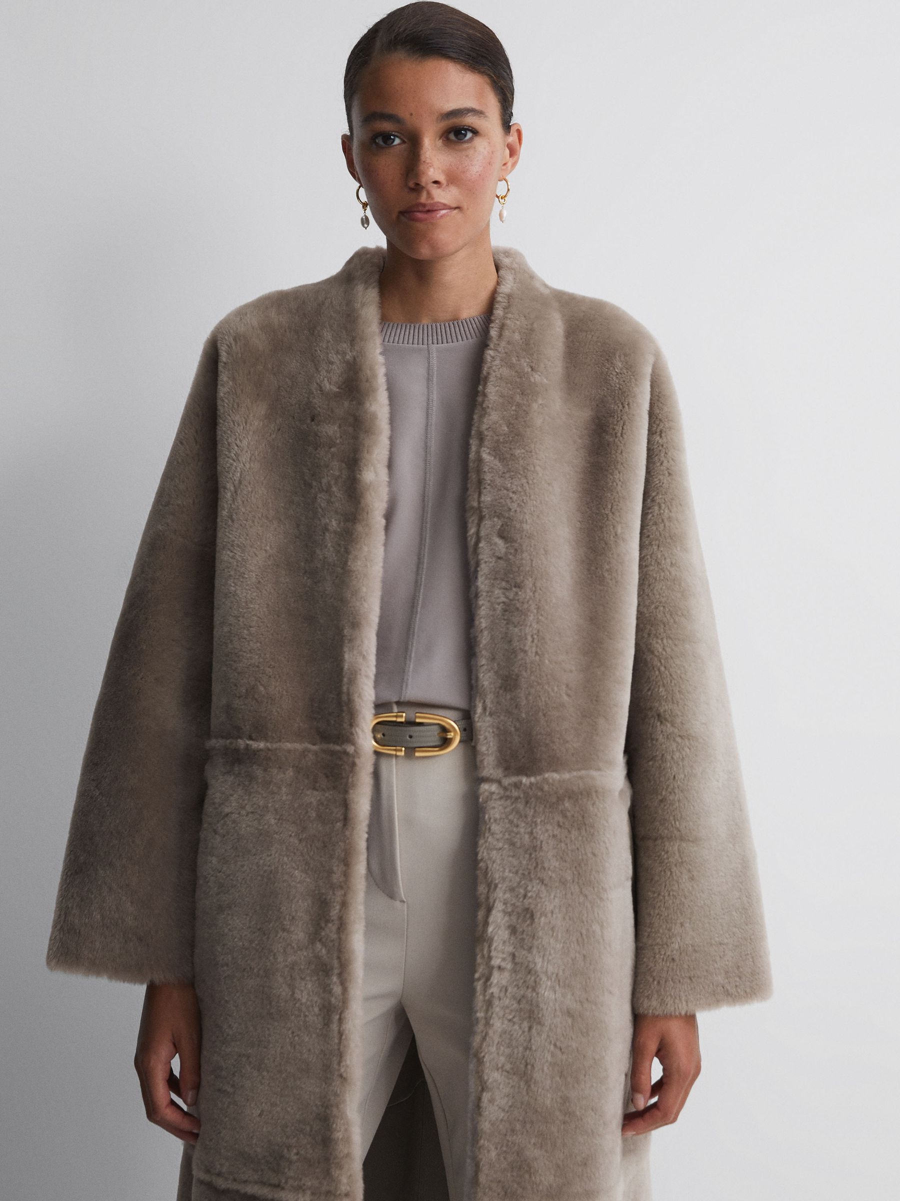 Reversible Leather Shearling Jacket in Light Grey - Image 6 of 9