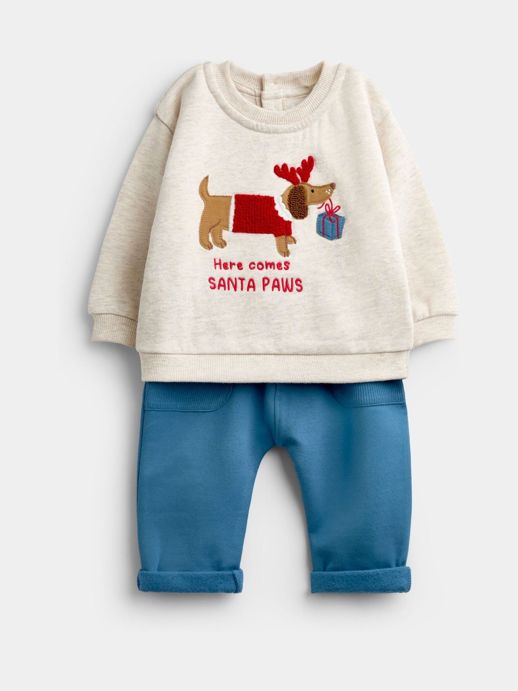 Cream Christmas Sausage Dog Sweatshirt & Trouser Set - Image 1 of 6