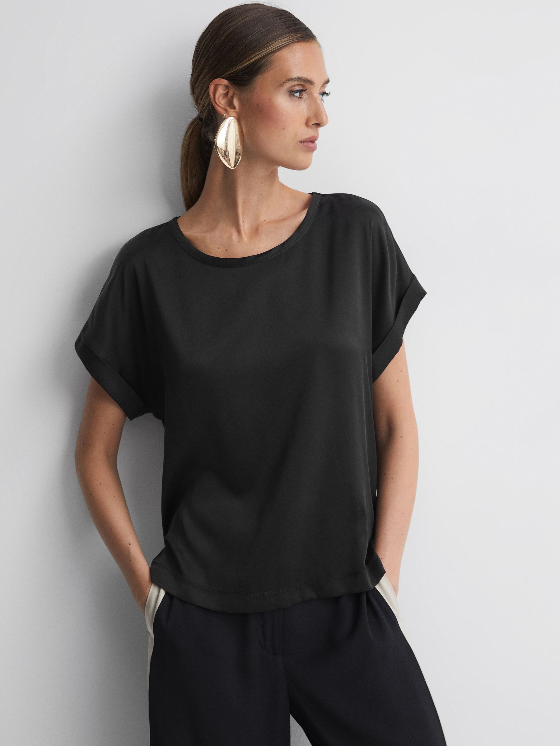 Silk Front Crew Neck T-Shirt in Black - Image 1 of 6