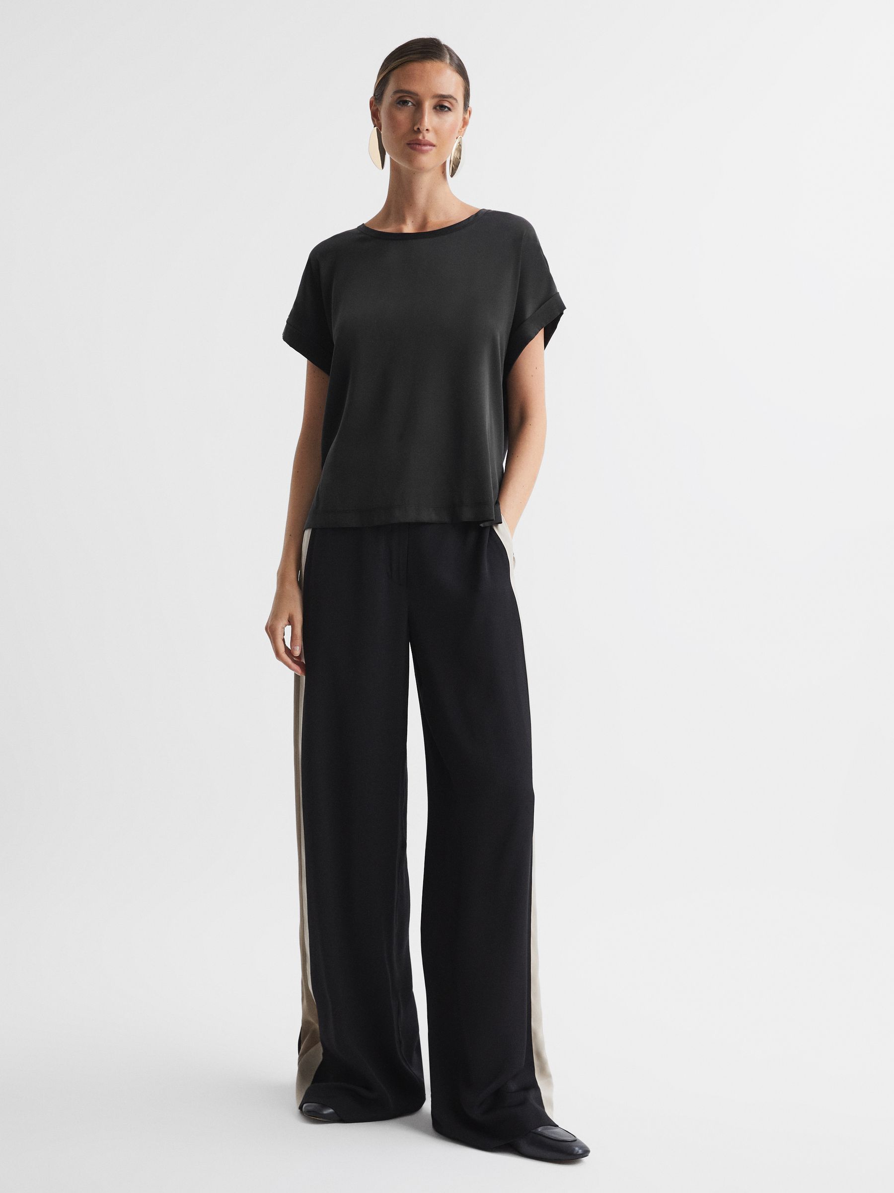 Silk Front Crew Neck T-Shirt in Black - Image 3 of 6
