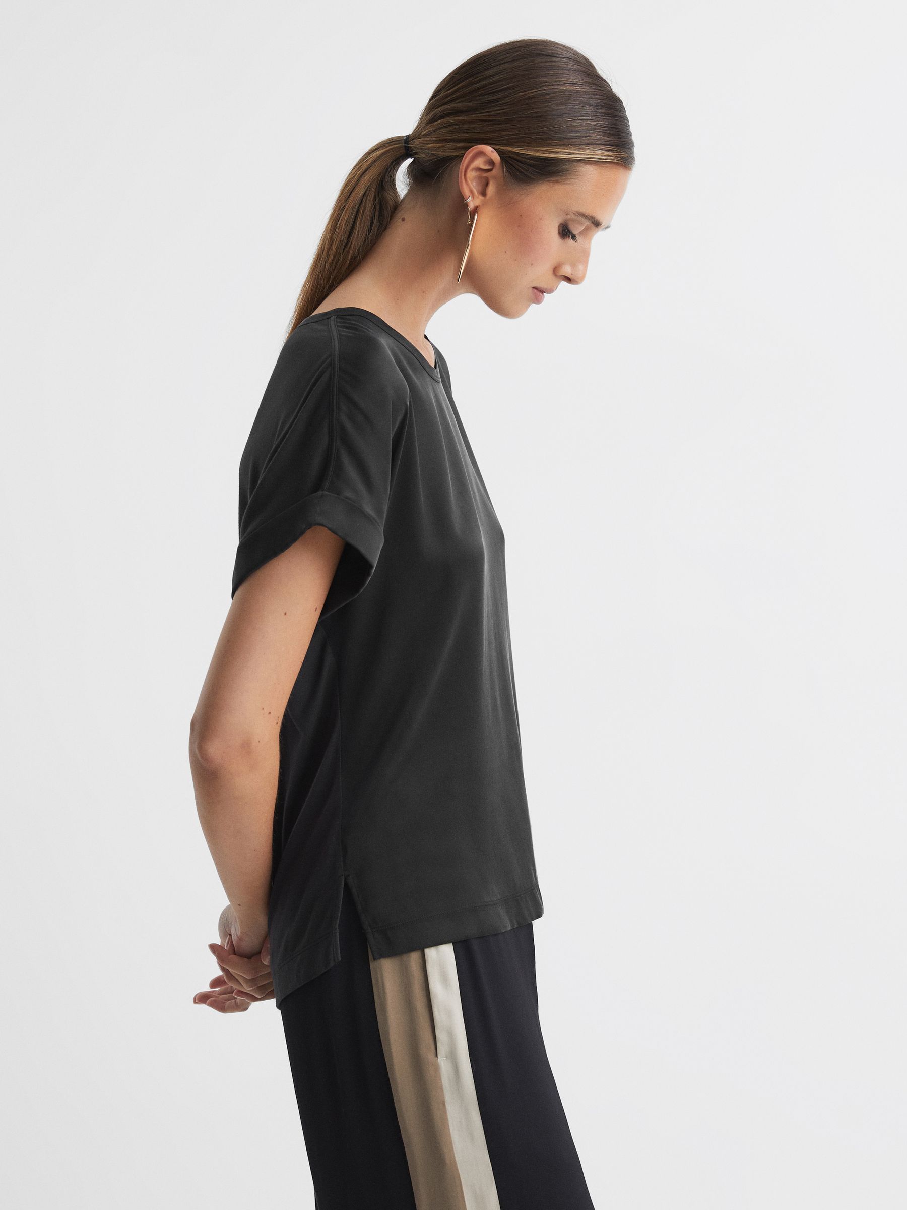 Silk Front Crew Neck T-Shirt in Black - Image 4 of 6