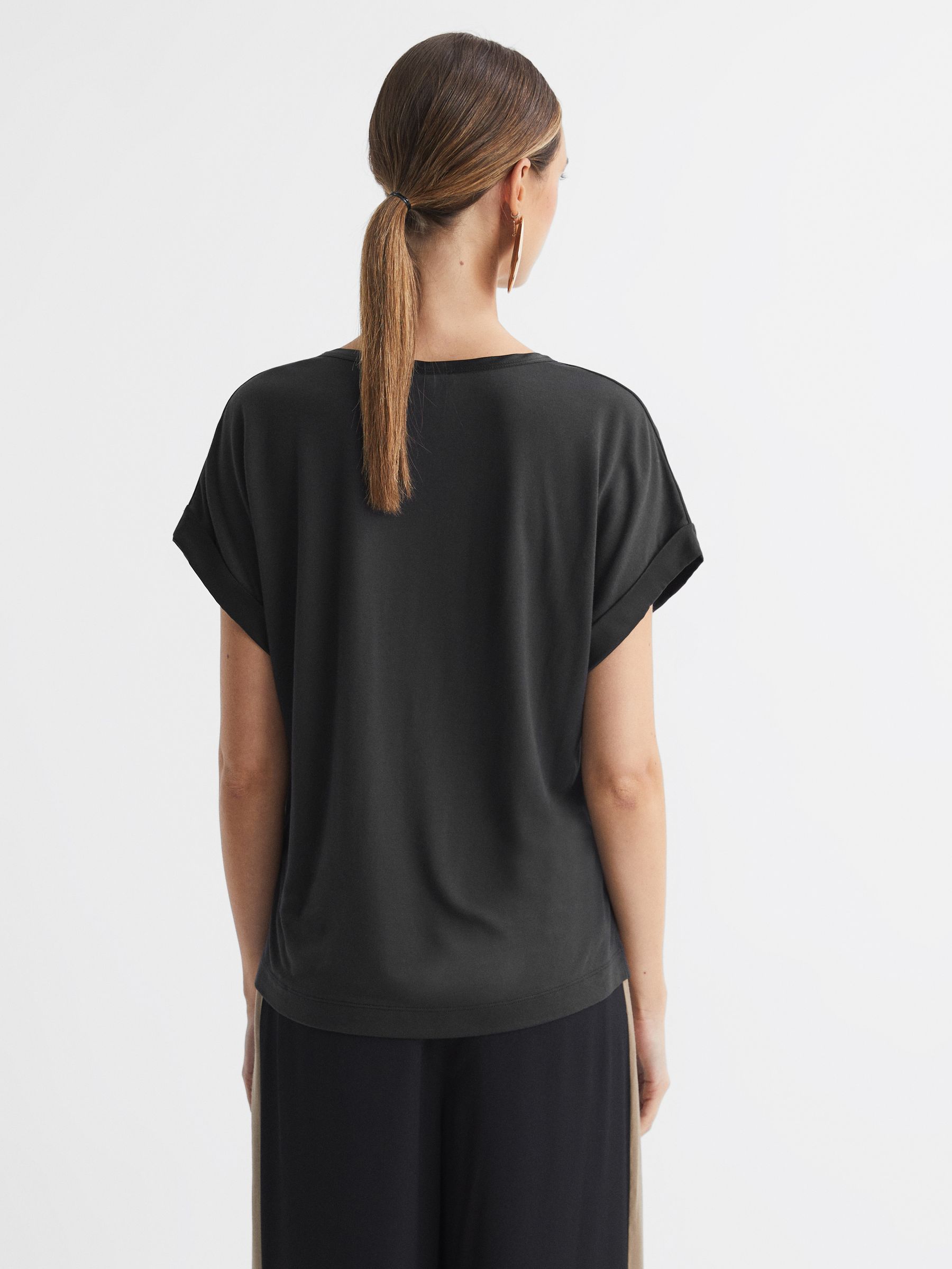 Silk Front Crew Neck T-Shirt in Black - Image 6 of 6