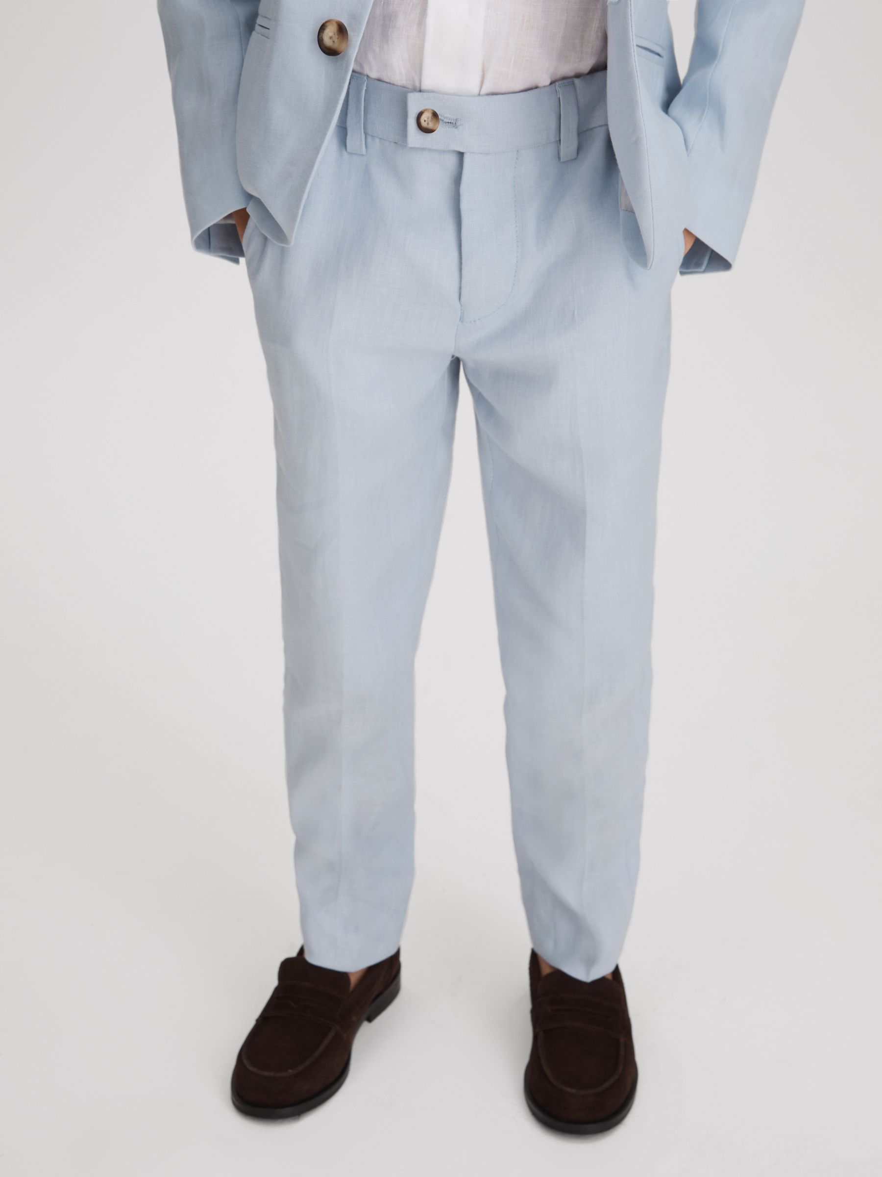 9-13 yrs Slim Fit Linen Adjustable Trousers in Soft Blue - Image 3 of 4