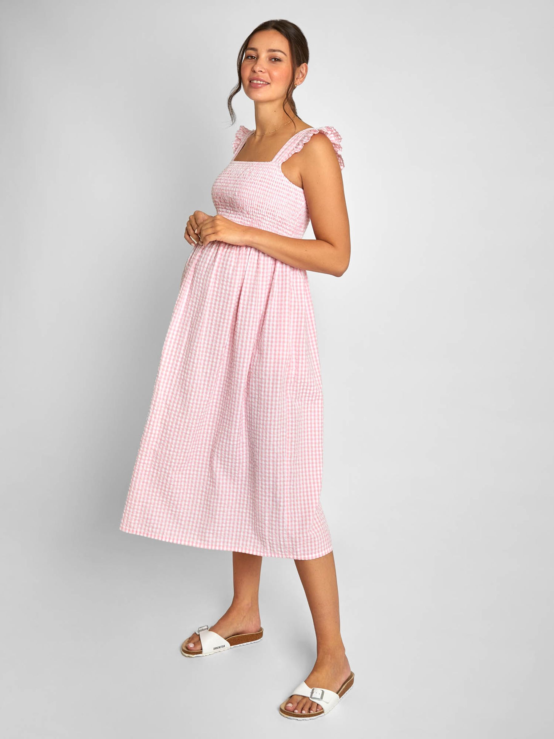 Pink Gingham Shirred Maternity Midi Dress - Image 1 of 5
