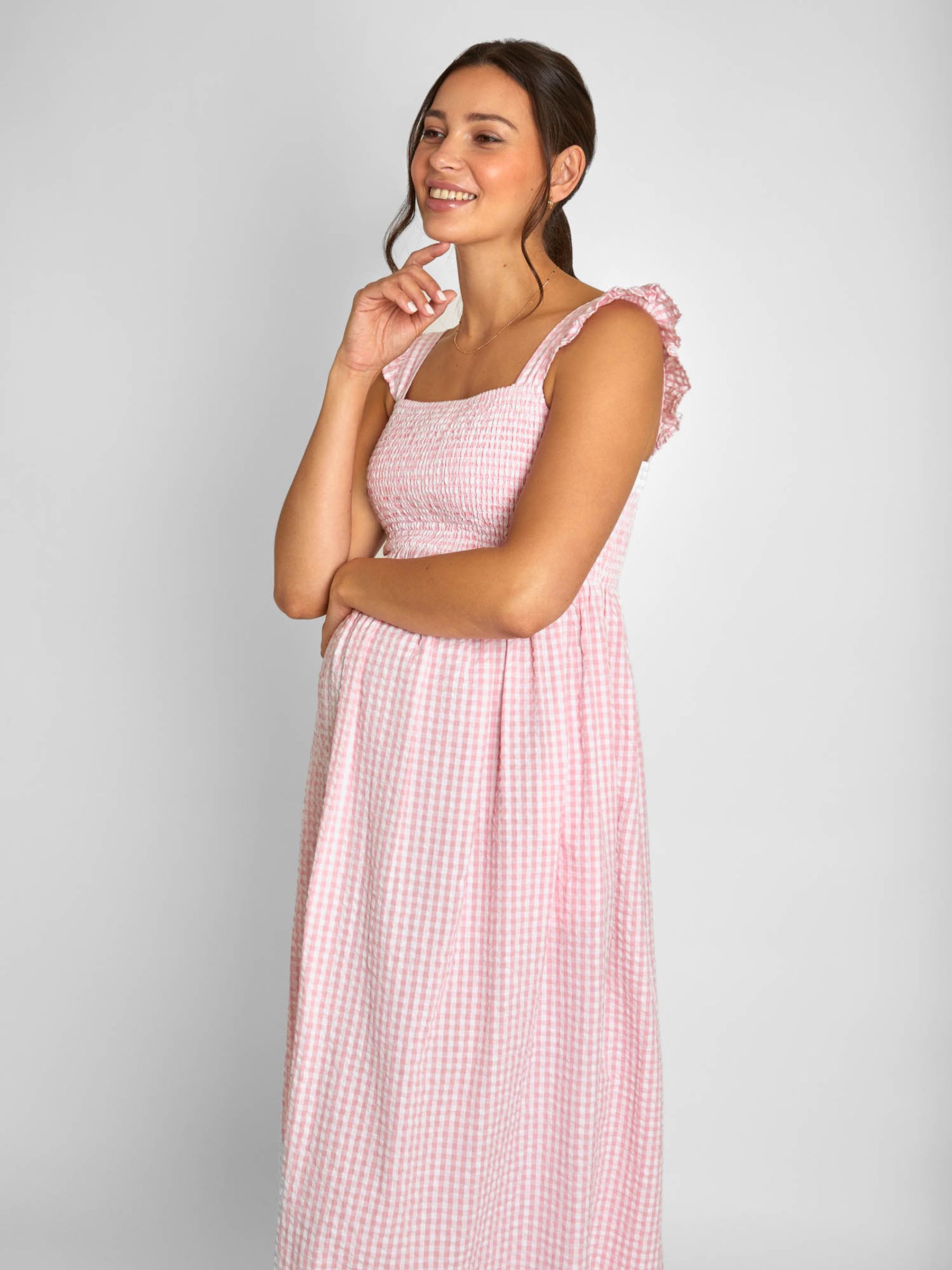 Pink Gingham Shirred Maternity Midi Dress - Image 2 of 5