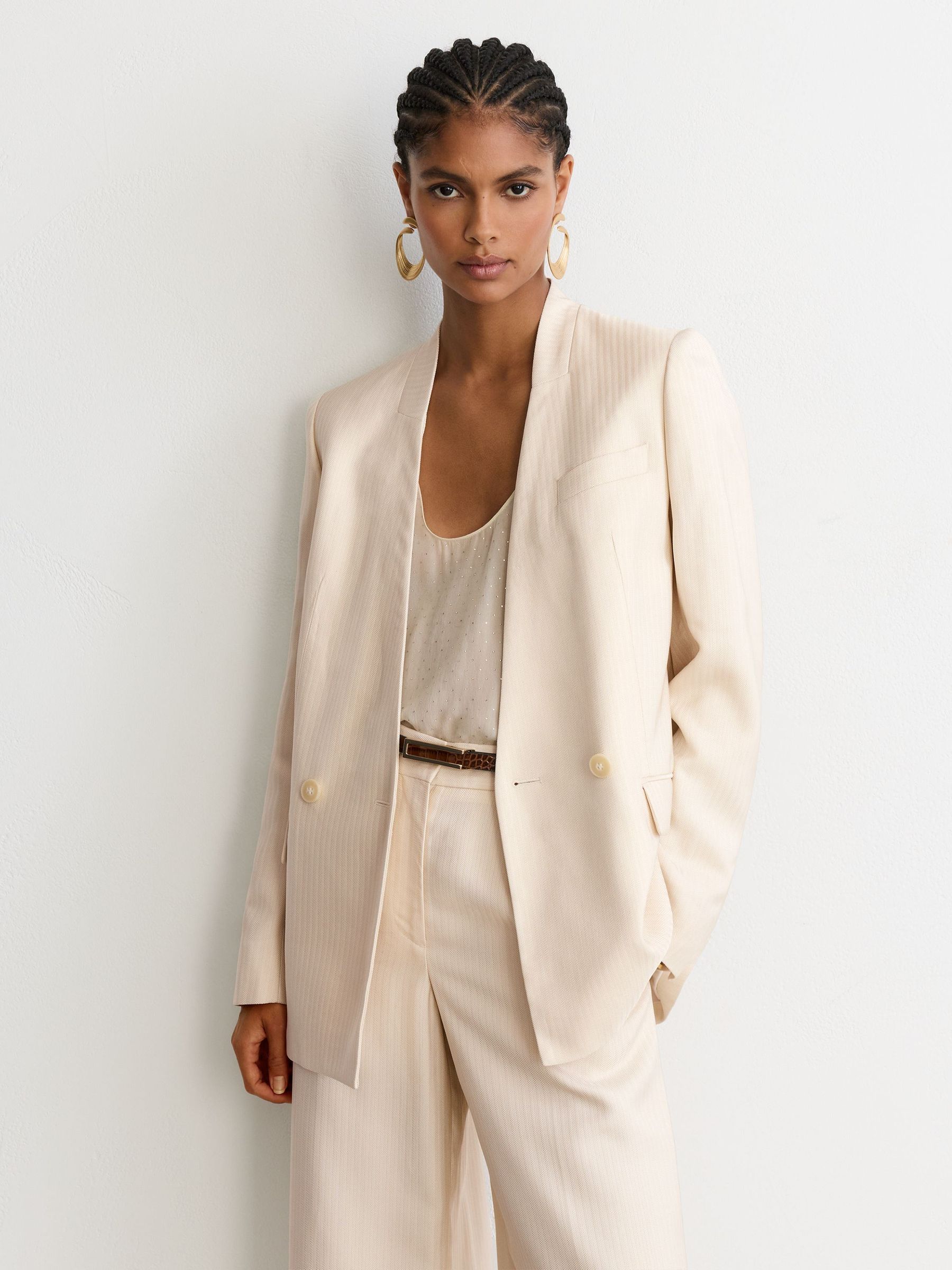 Jacquard-Stripe Collarless Double-Breasted Blazer in Cream by Reiss