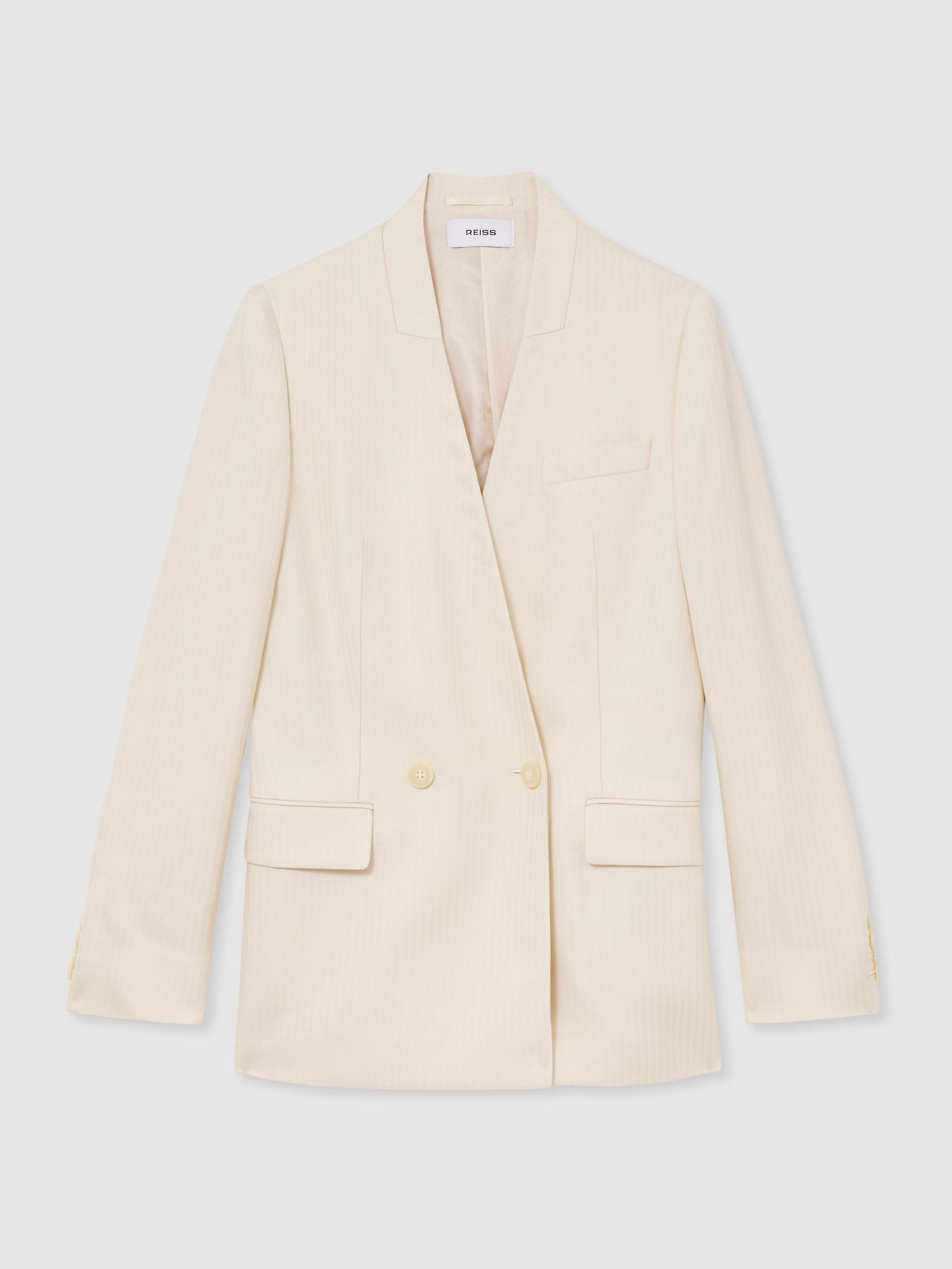 Jacquard-Stripe Collarless Double-Breasted Blazer in Cream - Image 2 of 9 Jacquard-Stripe Collarless Double-Breasted Blazer in Cream - Image 2 of 9