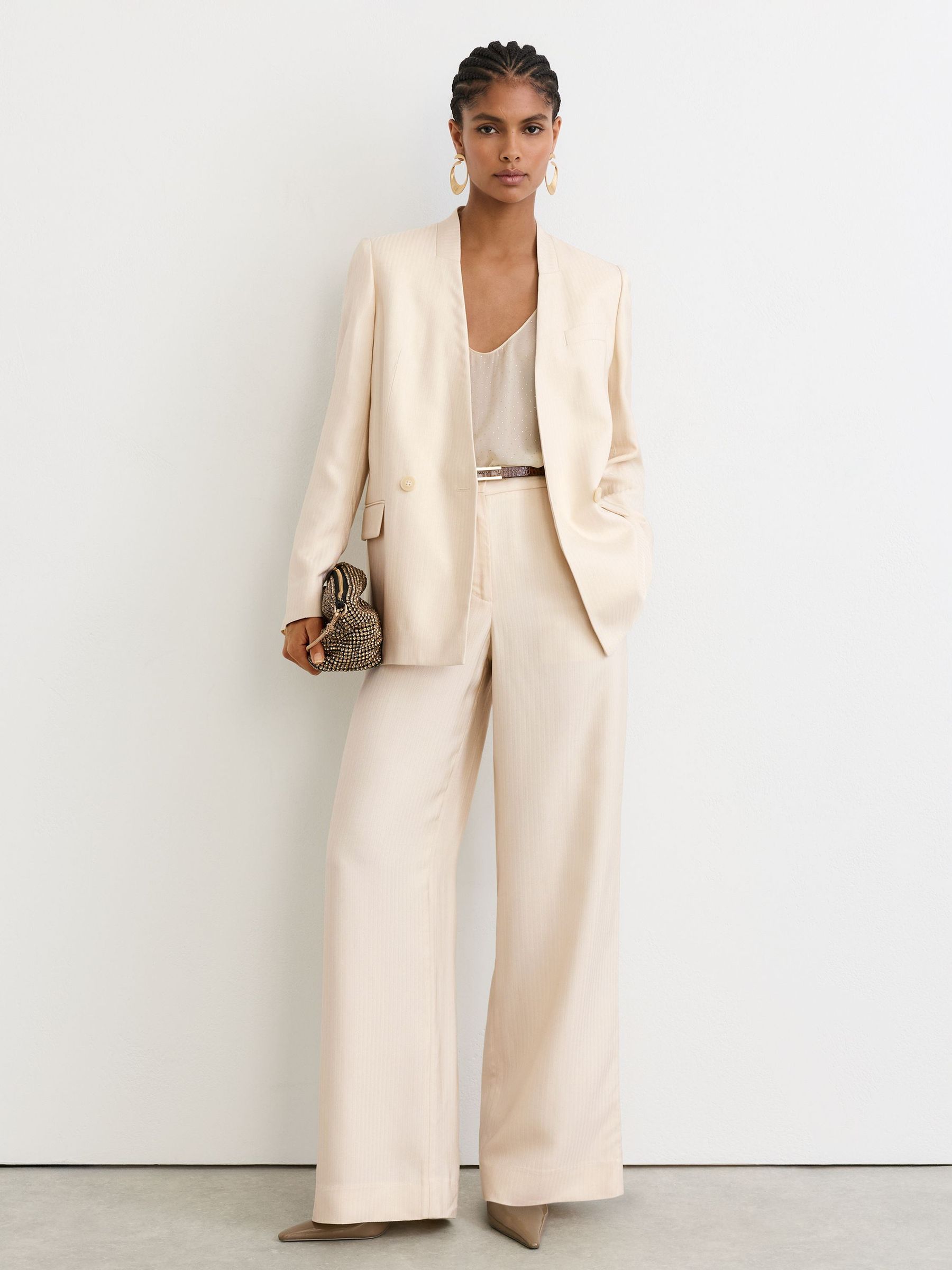 Jacquard-Stripe Collarless Double-Breasted Blazer in Cream - Image 3 of 9