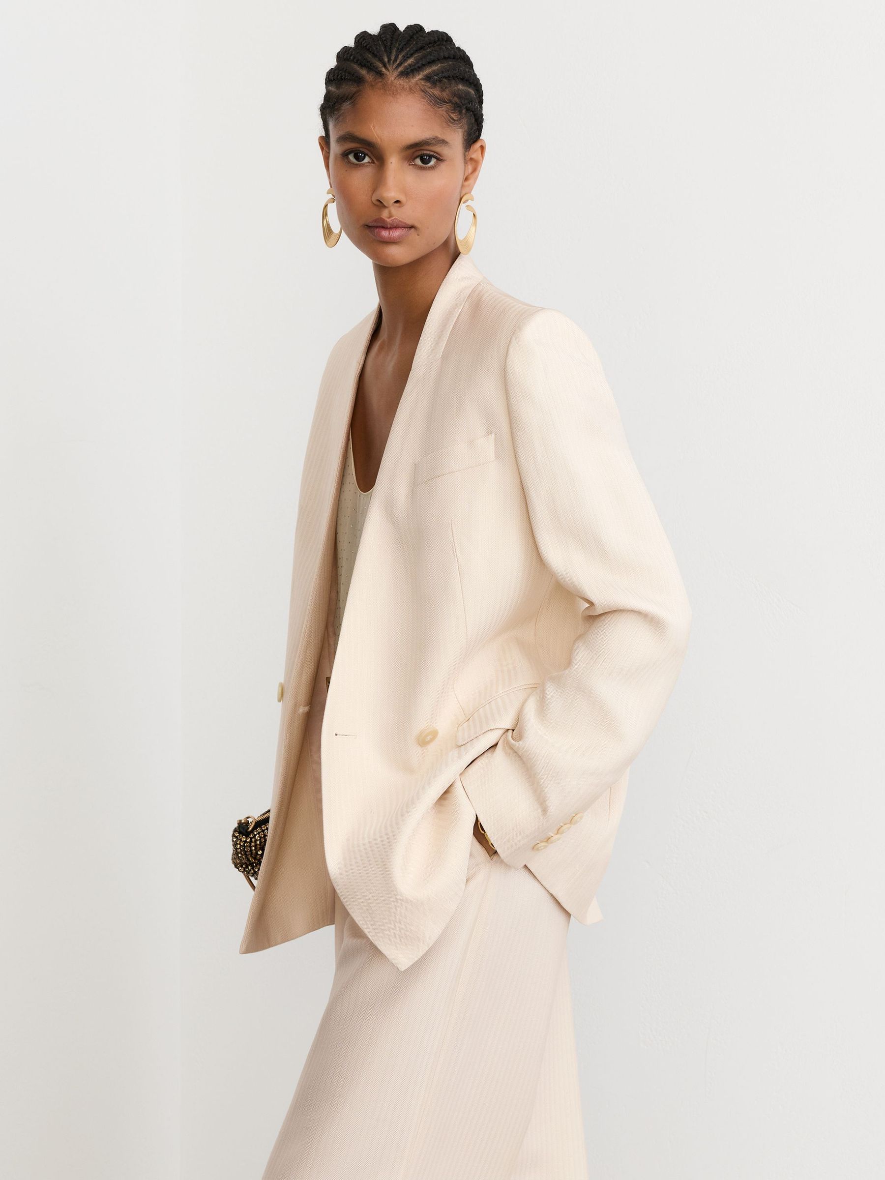 Jacquard-Stripe Collarless Double-Breasted Blazer in Cream - Image 6 of 9
