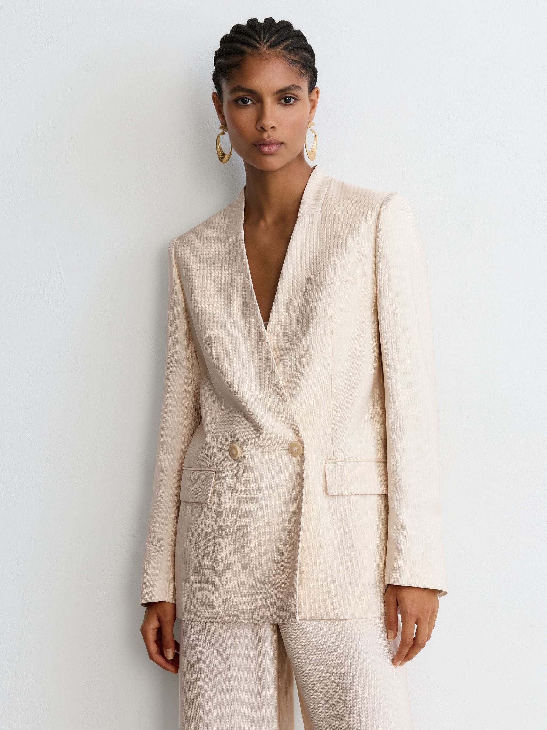Jacquard-Stripe Collarless Double-Breasted Blazer in Cream - Image 7 of 9