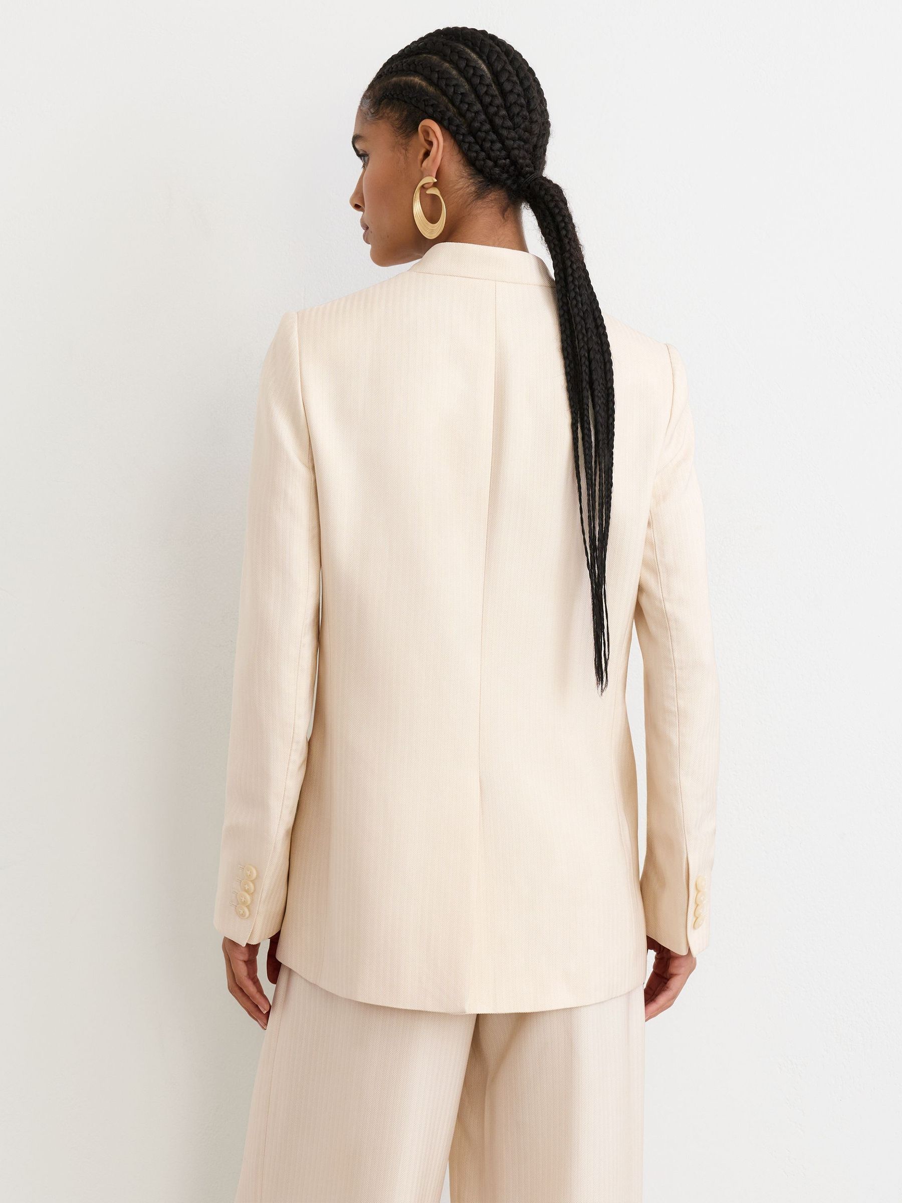 Jacquard-Stripe Collarless Double-Breasted Blazer in Cream - Image 8 of 9