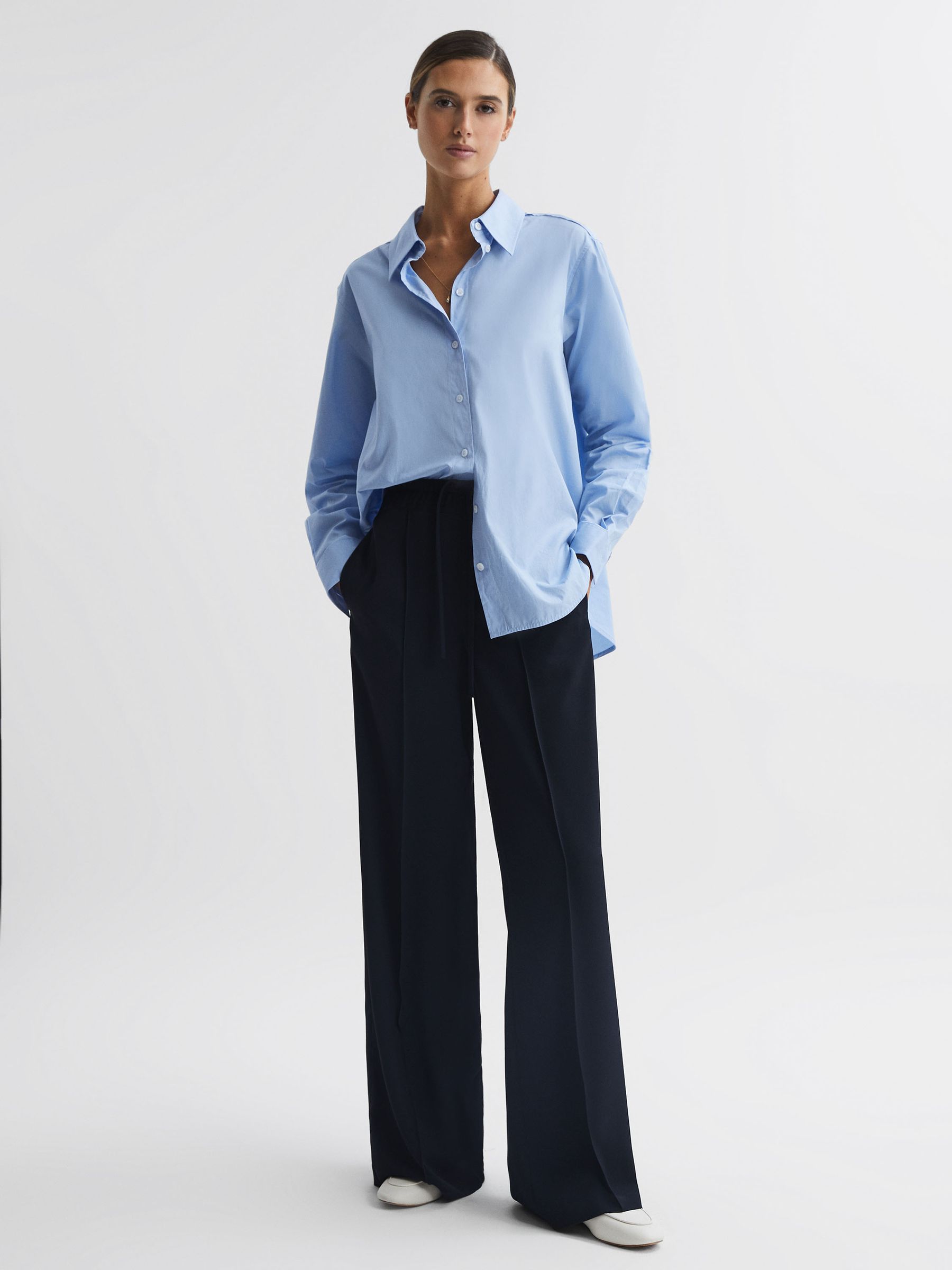 Wide Leg Drawstring Trousers in Navy - Image 1 of 5