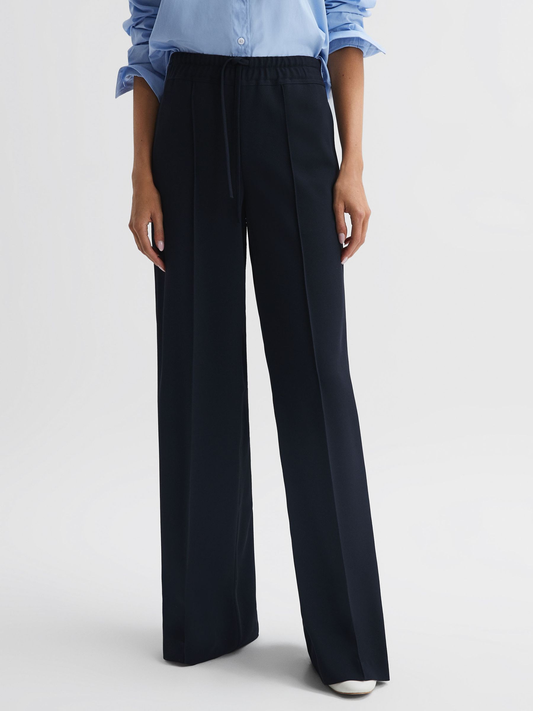 Wide Leg Drawstring Trousers in Navy - Image 3 of 5