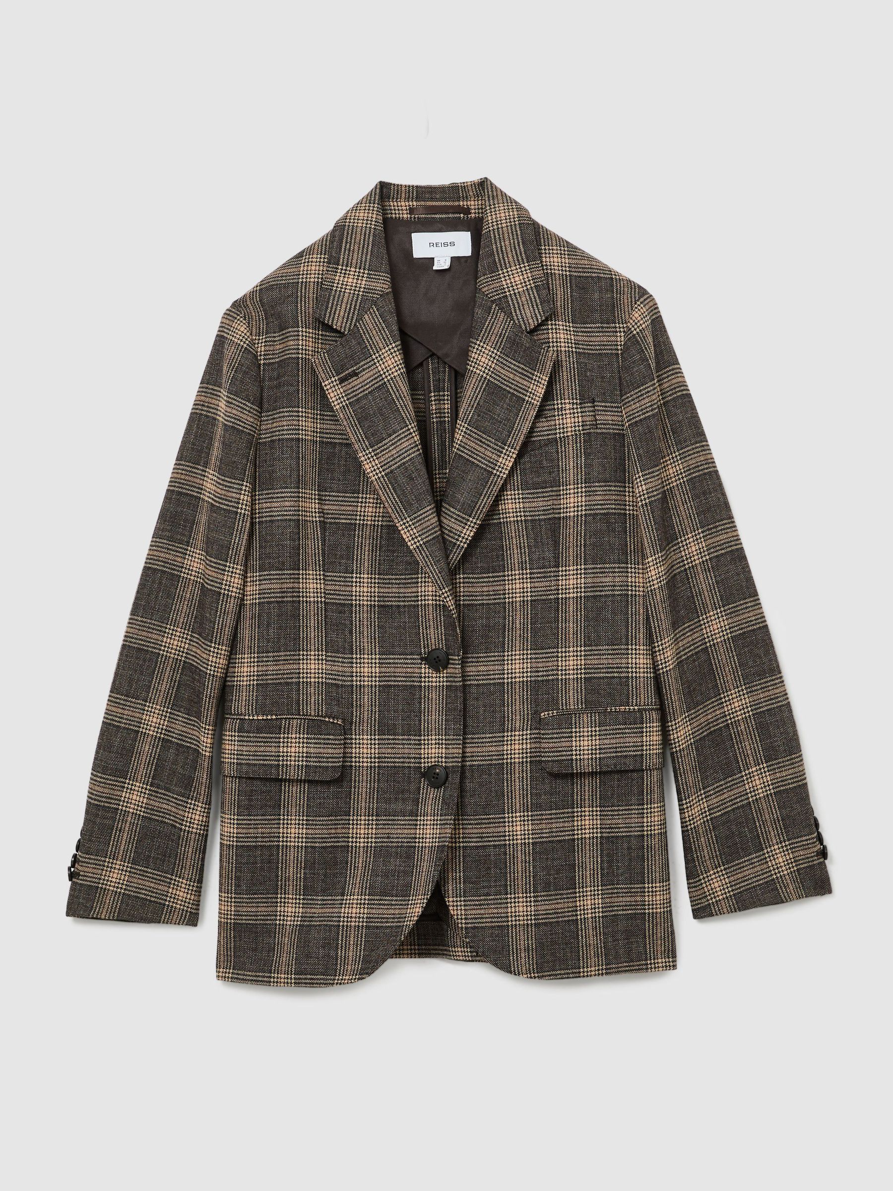 Wool Check Relaxed Single-Breasted Blazer in Brown - Image 2 of 8