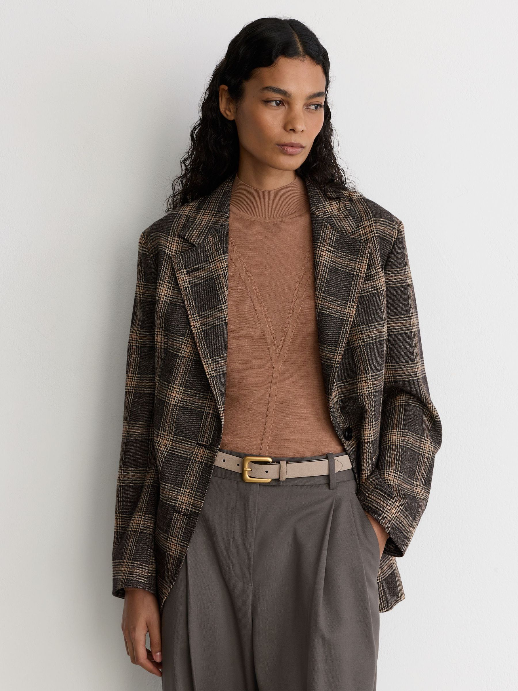 Wool Check Relaxed Single-Breasted Blazer in Brown - Image 4 of 8