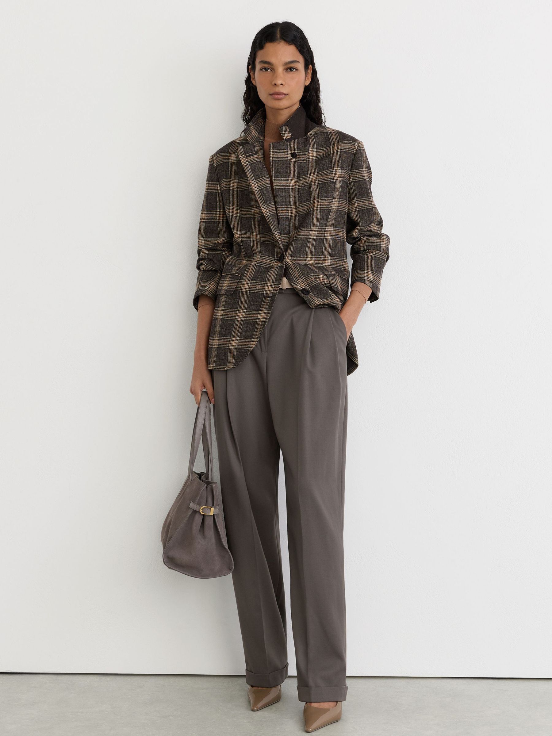 Wool Check Relaxed Single-Breasted Blazer in Brown - Image 7 of 8