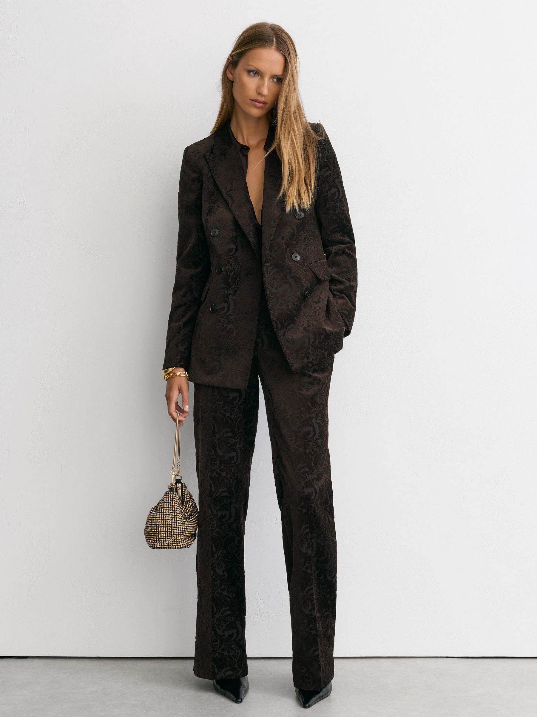 Velvet Flocked Double-Breasted Suit Blazer in Chocolate Brown - Image 4 of 9