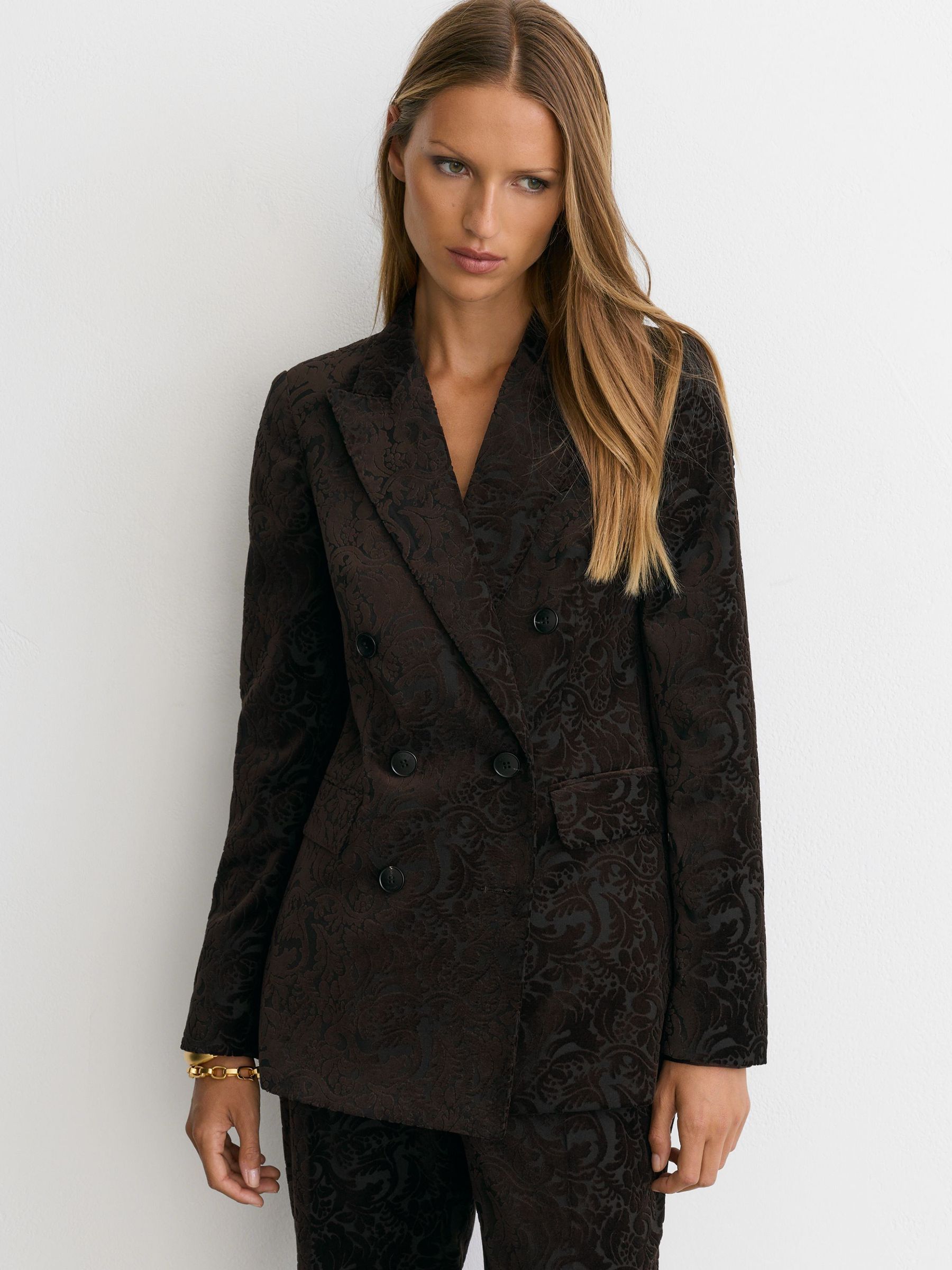 Velvet Flocked Double-Breasted Suit Blazer in Chocolate Brown - Image 6 of 9