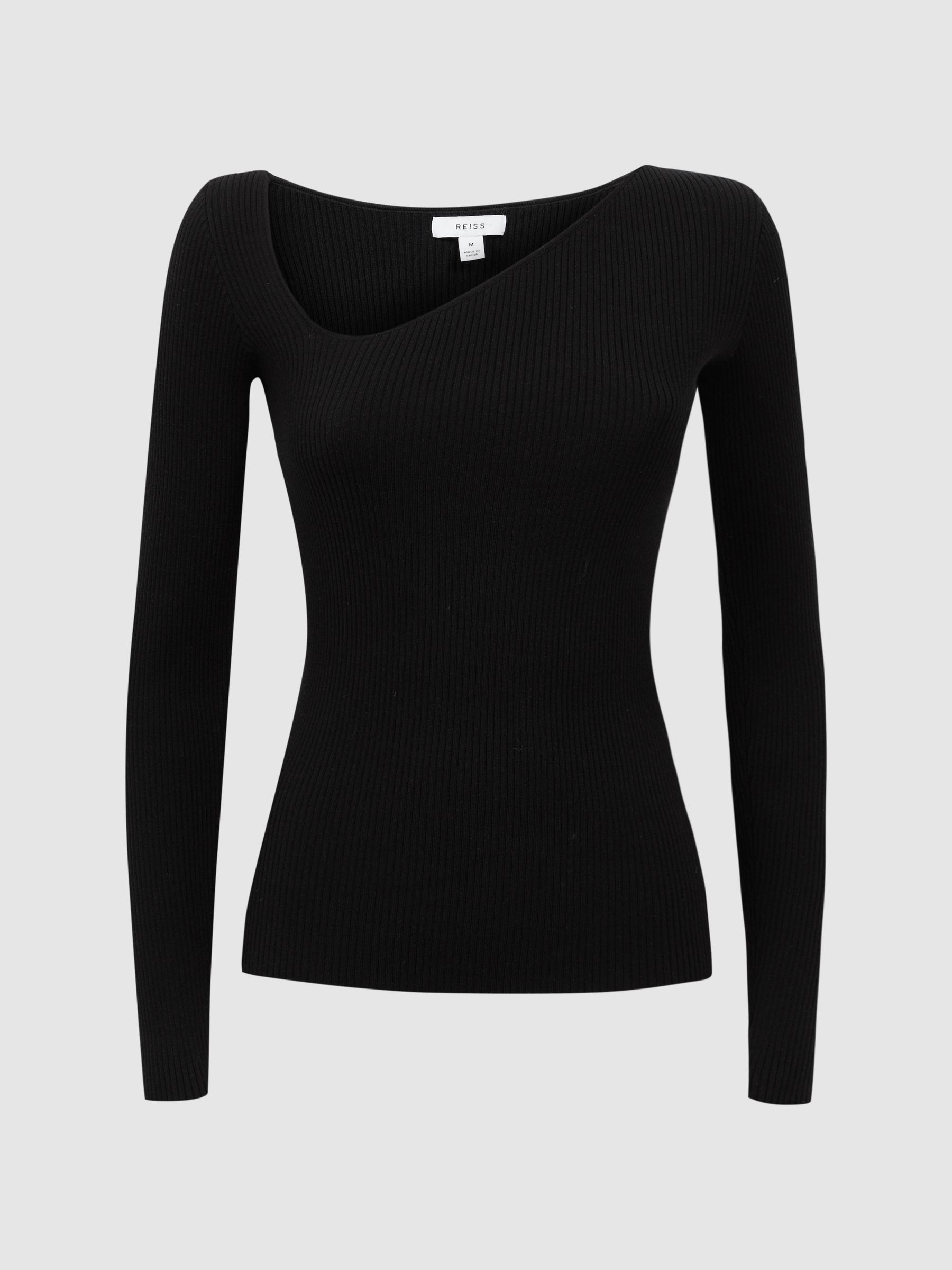 Fitted Ribbed Asymmetric Neck T-Shirt in Black - Image 2 of 4