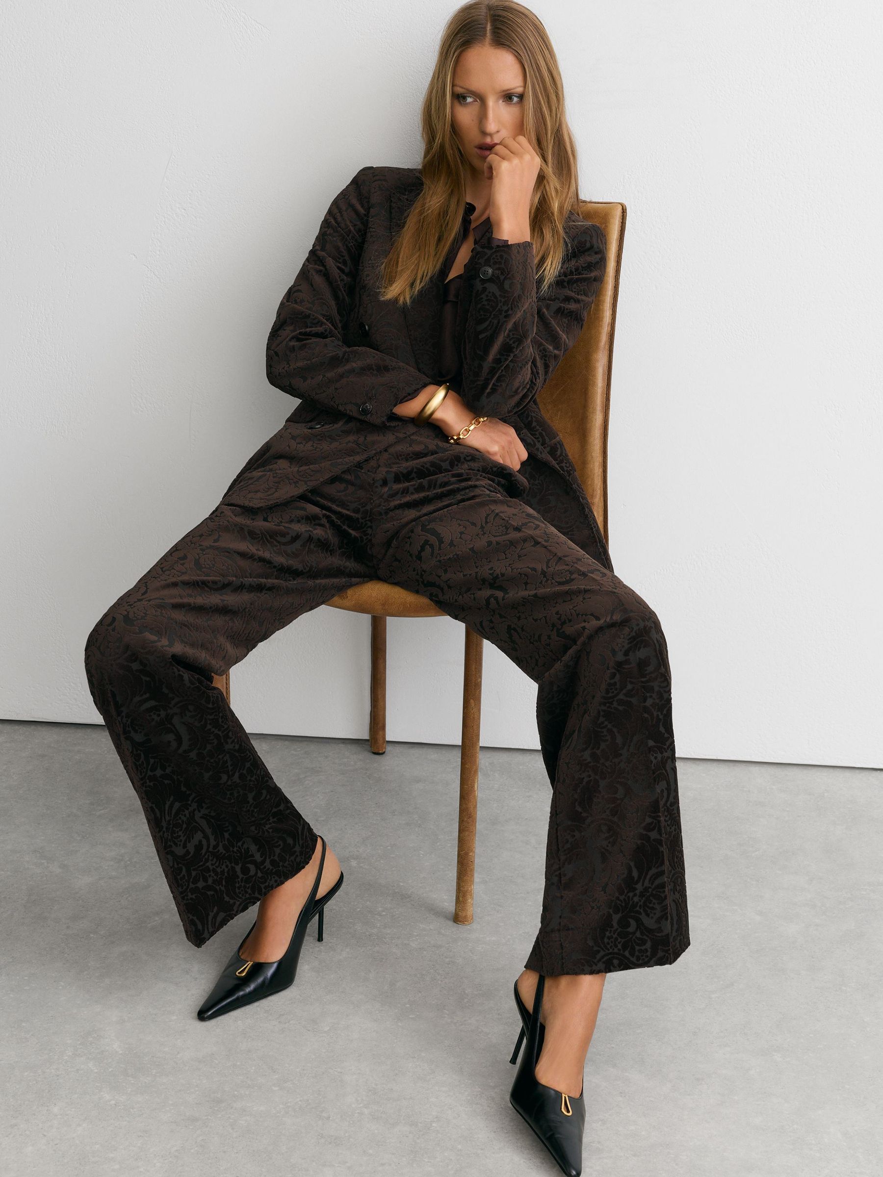 Velvet Flocked Flared Suit Trousers in Chocolate Brown - Image 4 of 7