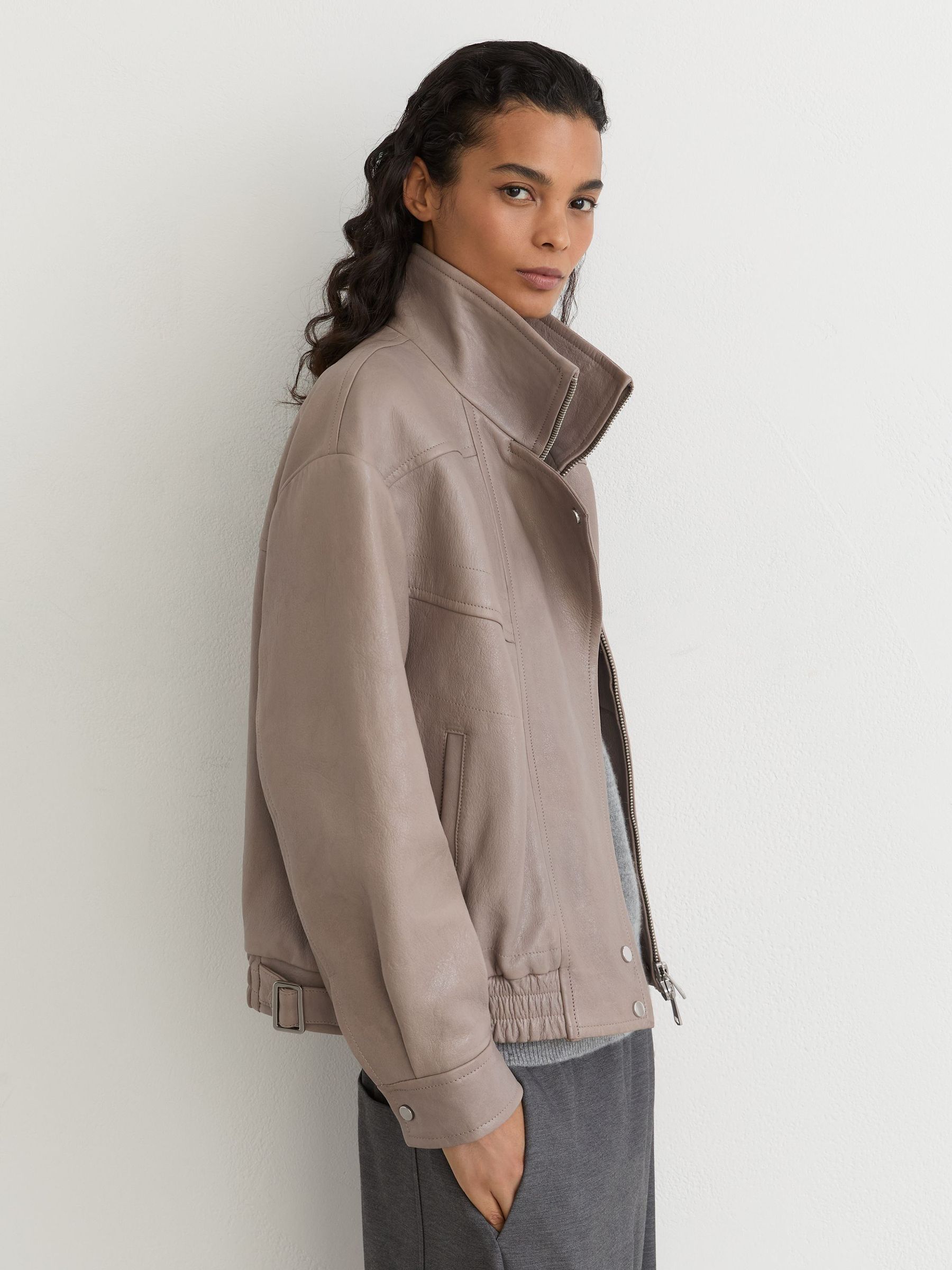 Textured Leather Oversized Jacket in Grey - Image 1 of 8 Textured Leather Oversized Jacket in Grey - Image 1 of 8