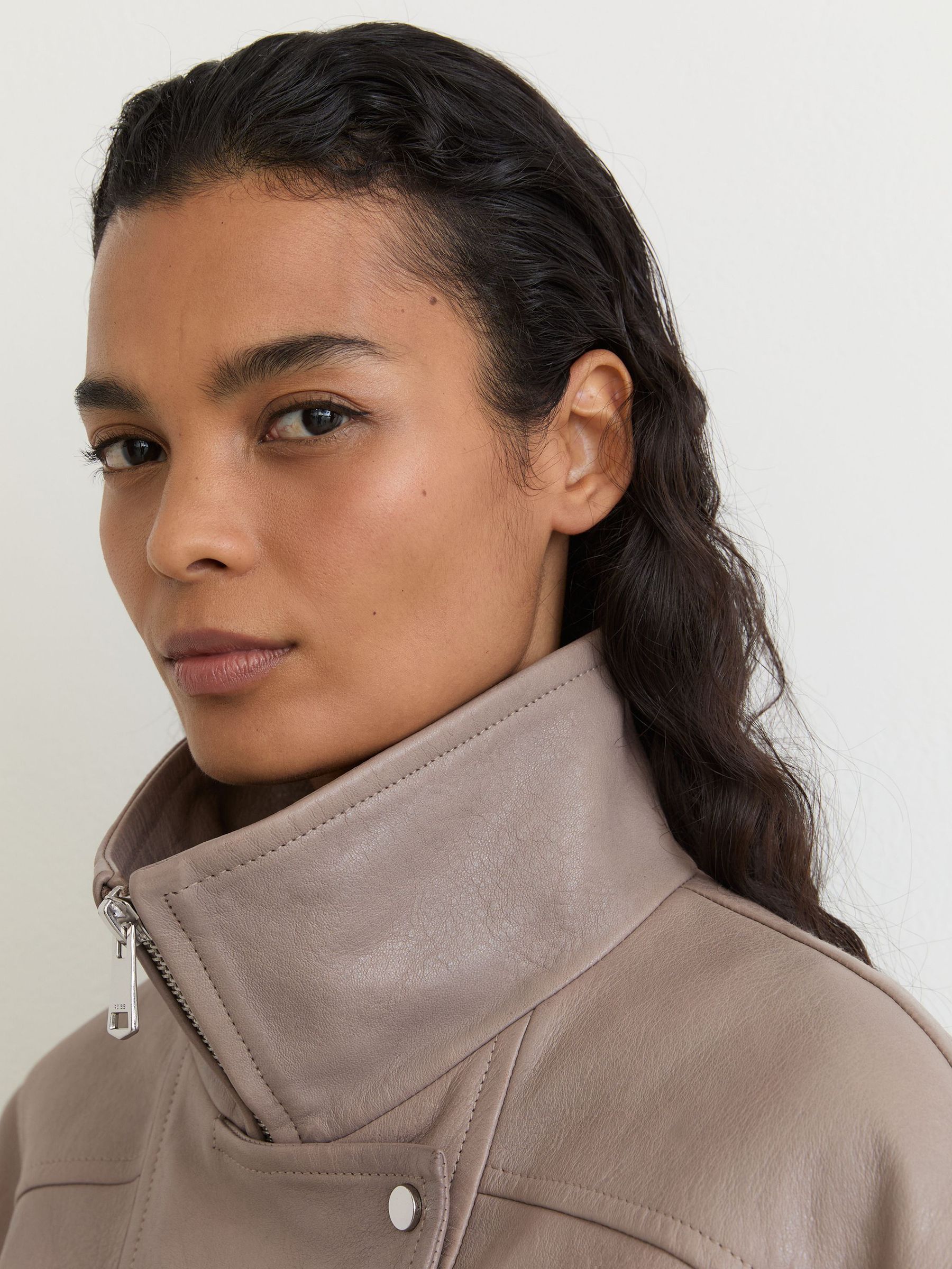 Textured Leather Oversized Jacket in Grey - Image 3 of 8