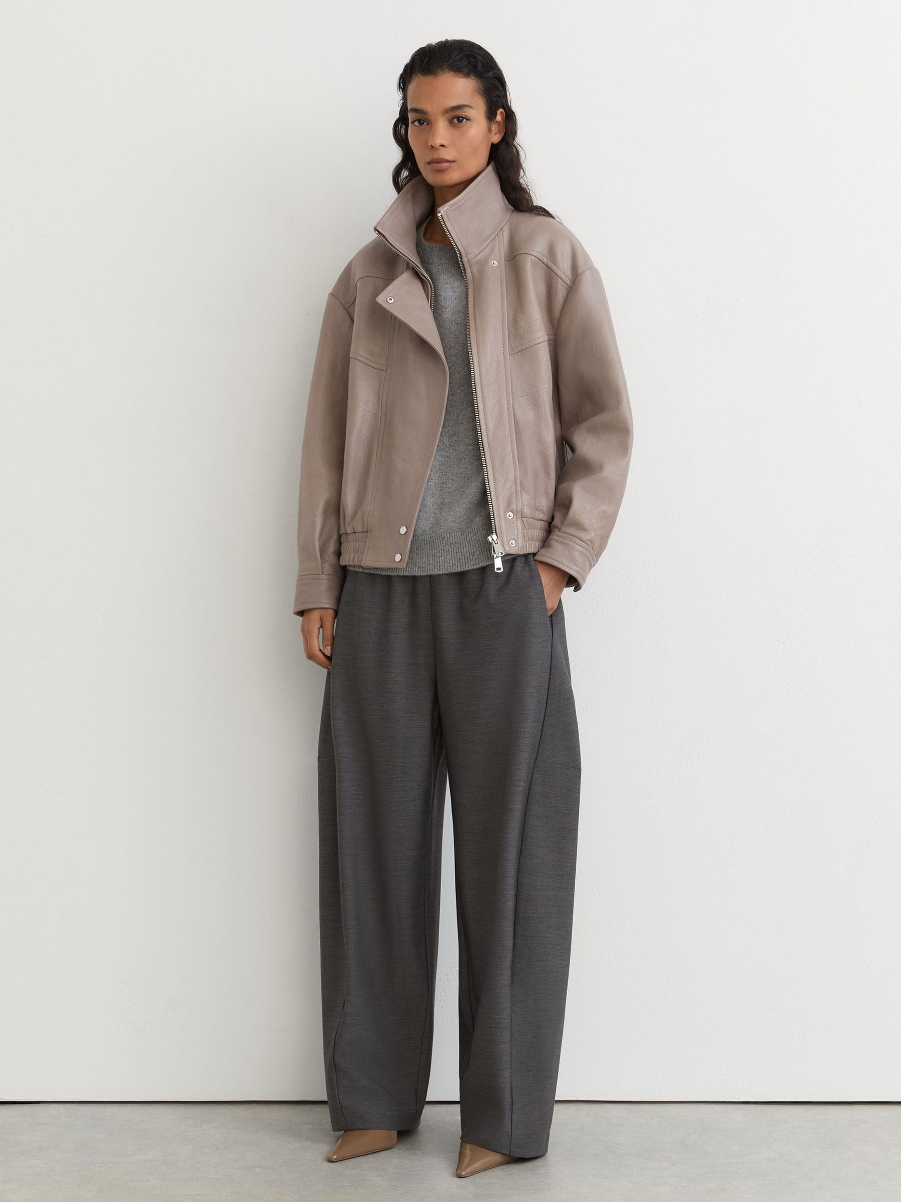 Textured Leather Oversized Jacket in Grey - Image 4 of 8