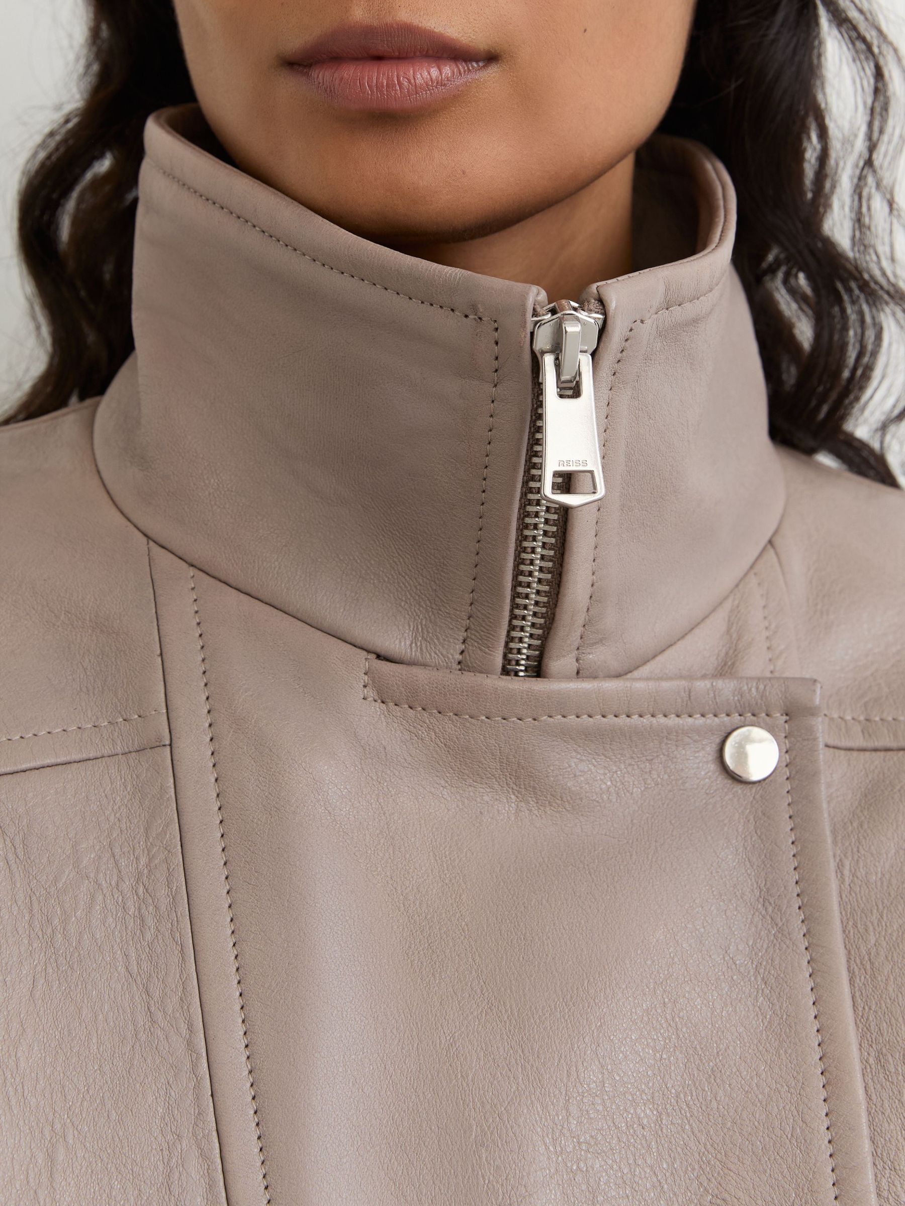 Textured Leather Oversized Jacket in Grey - Image 5 of 8