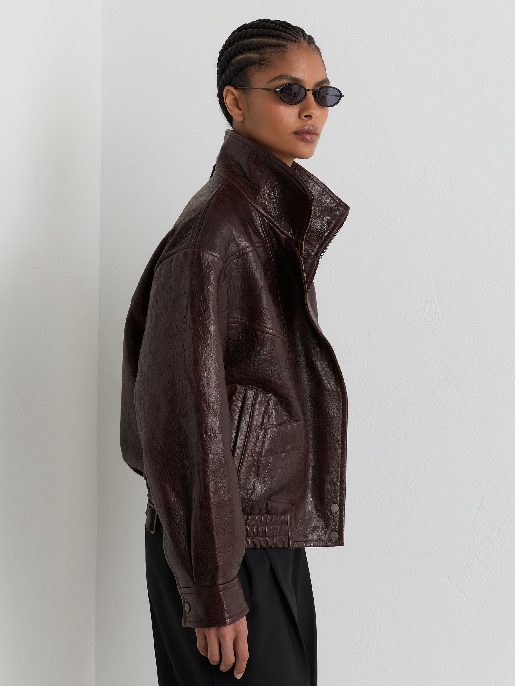 Textured Leather Oversized Jacket in Aubergine - Image 1 of 4 Textured Leather Oversized Jacket in Aubergine - Image 1 of 4