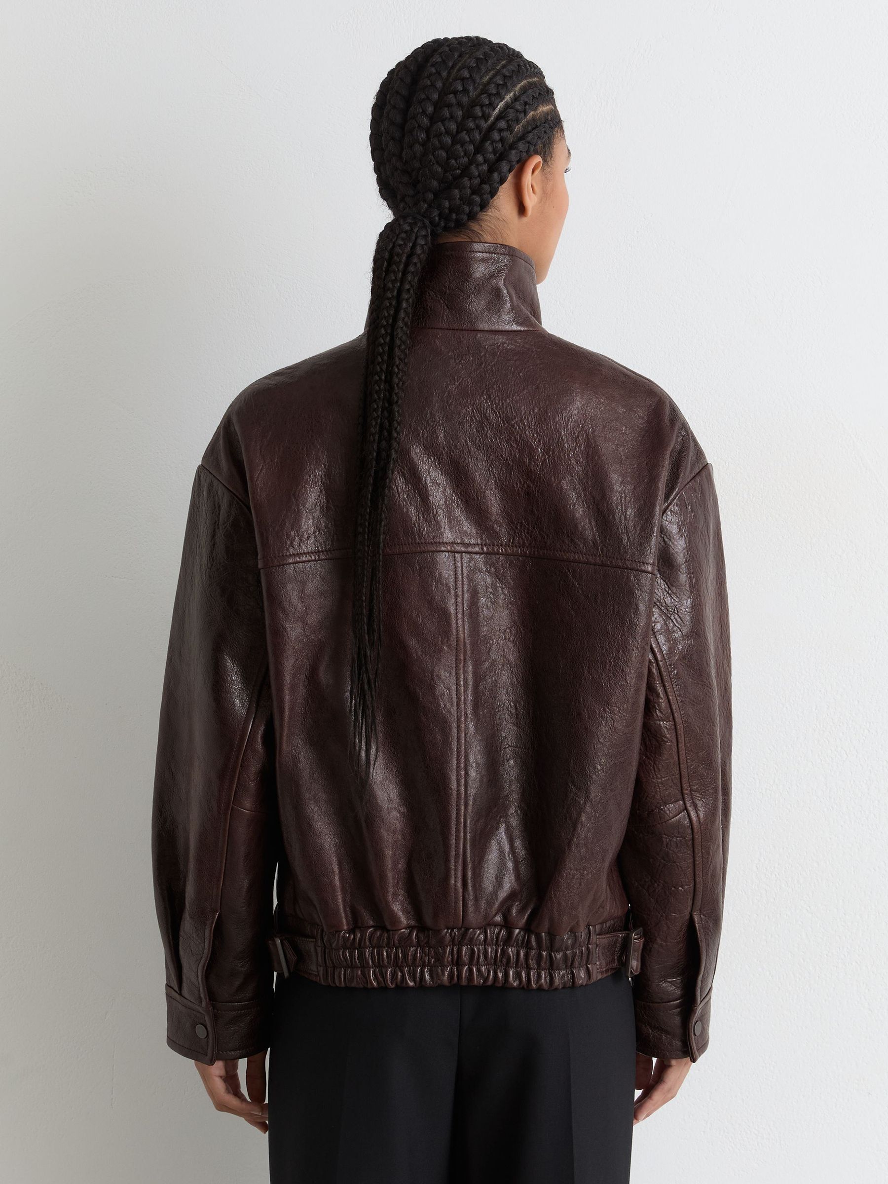 Textured Leather Oversized Jacket in Aubergine - Image 3 of 4