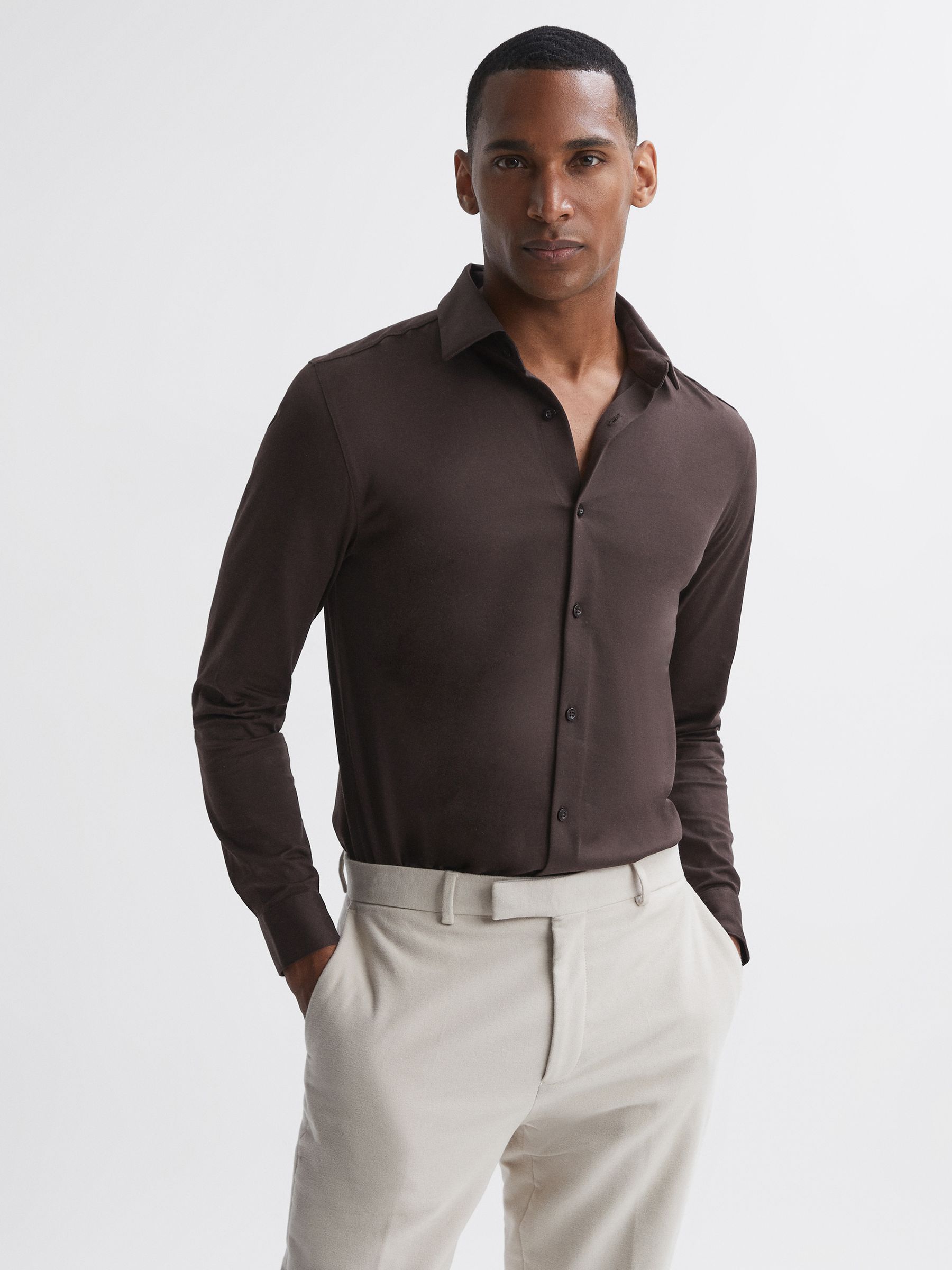 Mercerised Cotton Button-Through Shirt in Chocolate - Image 1 of 5