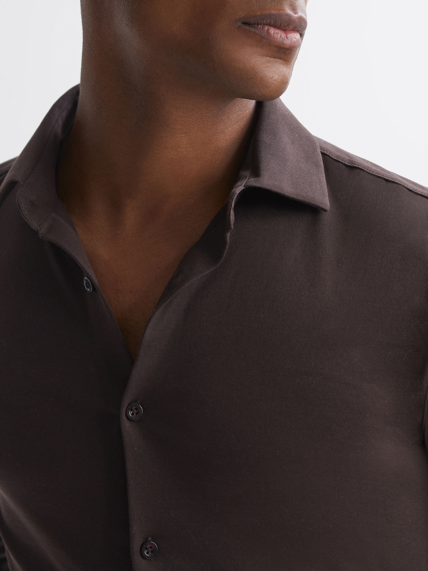 Mercerised Cotton Button-Through Shirt in Chocolate - Image 4 of 5