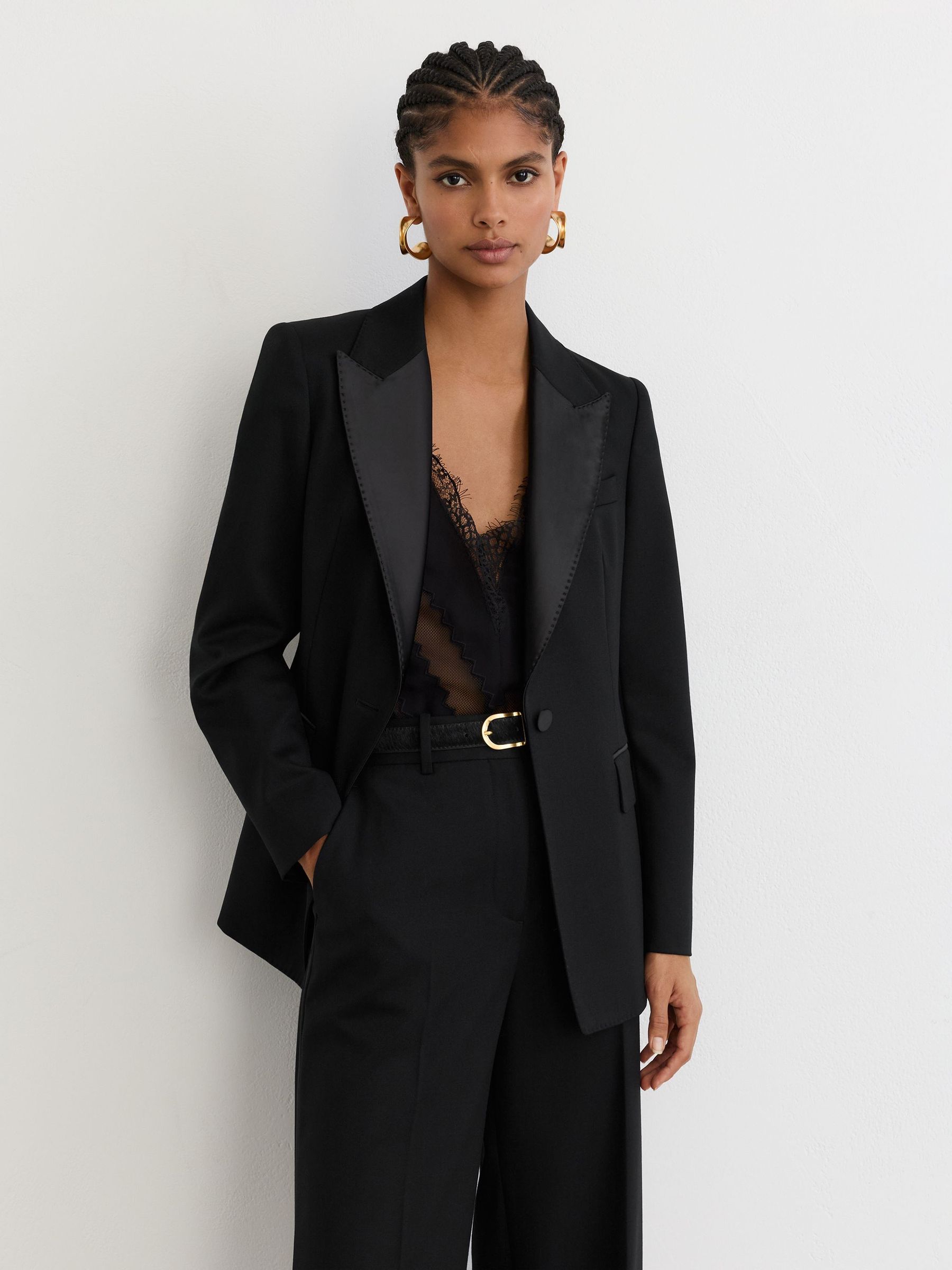 Wool-Blend Single-Breasted Tuxedo Blazer in Black - Image 1 of 7
