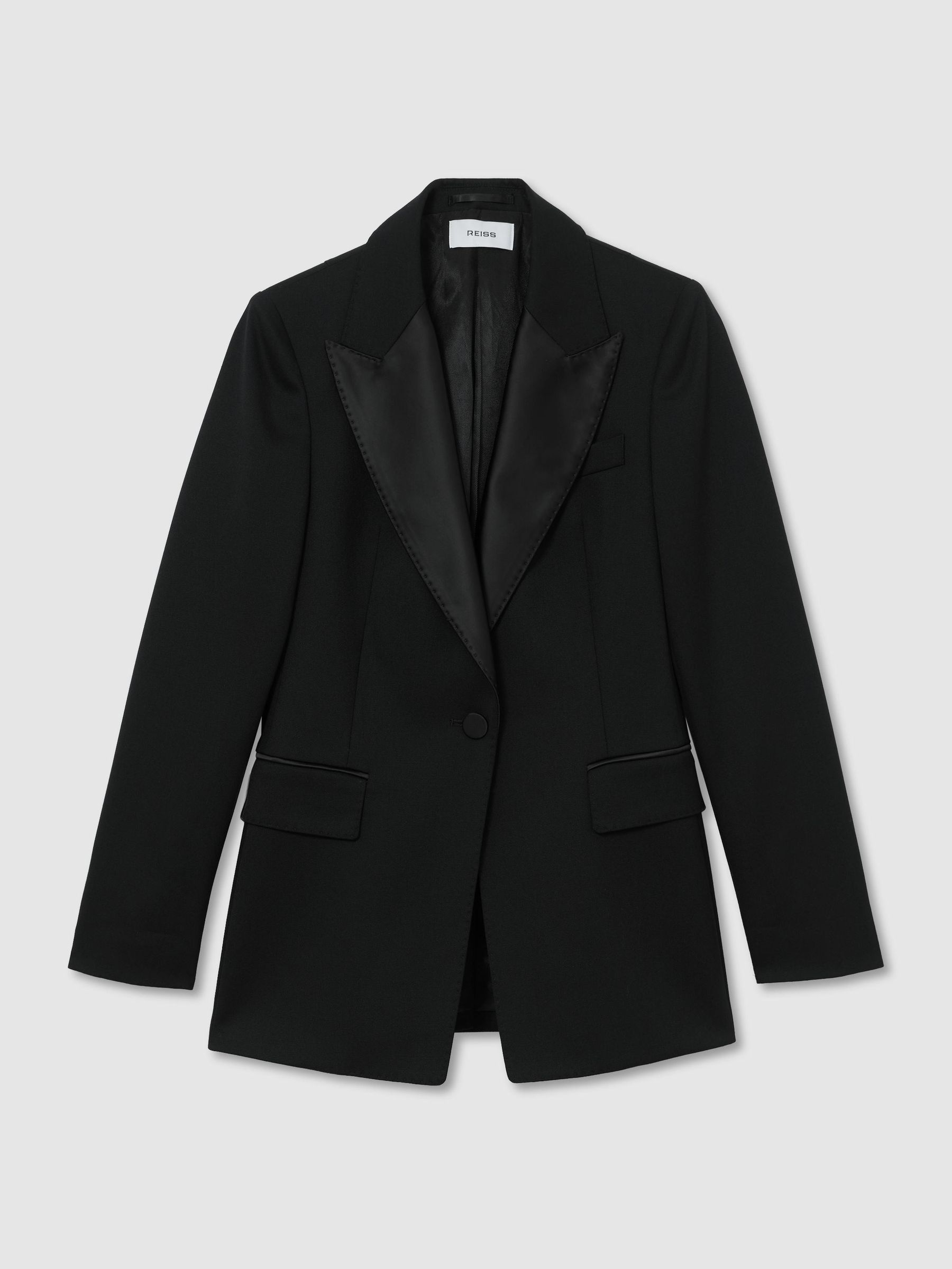 Wool-Blend Single-Breasted Tuxedo Blazer in Black - Image 2 of 7 Wool-Blend Single-Breasted Tuxedo Blazer in Black - Image 2 of 7