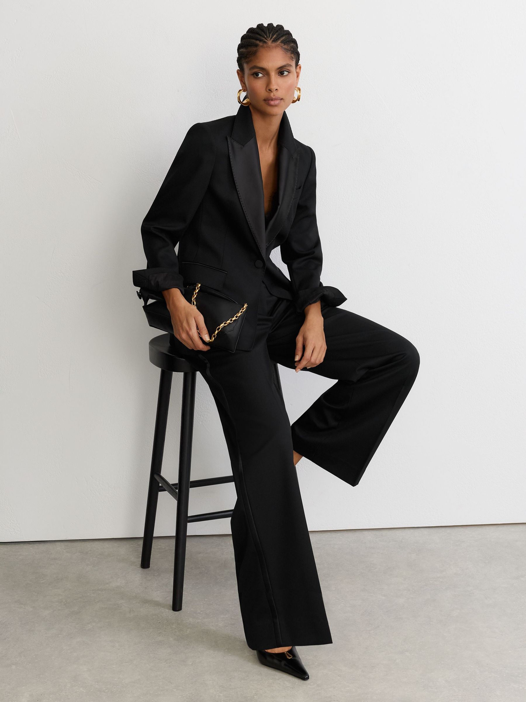 Wool-Blend Single-Breasted Tuxedo Blazer in Black - Image 3 of 7