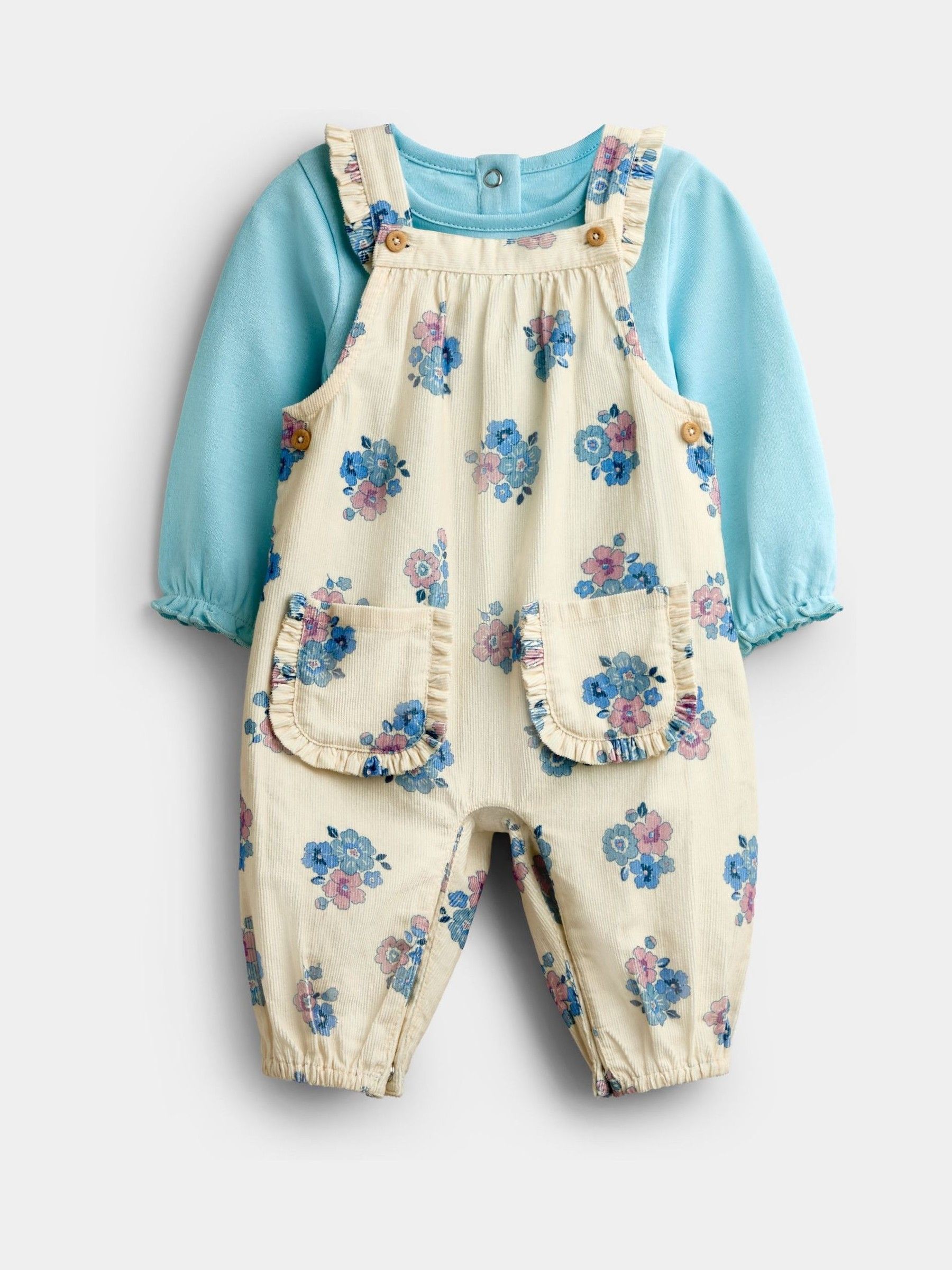 Dusky Blue Floral Floral Printed Cord Dungaree And Body Set - Image 1 of 6