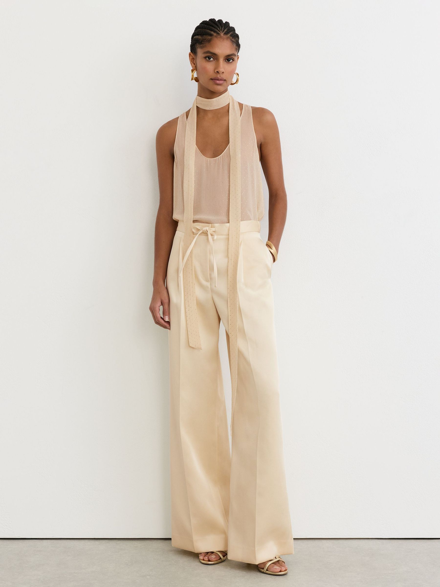 Satin Wide-Leg Drawstring Trousers in Cream by Reiss
