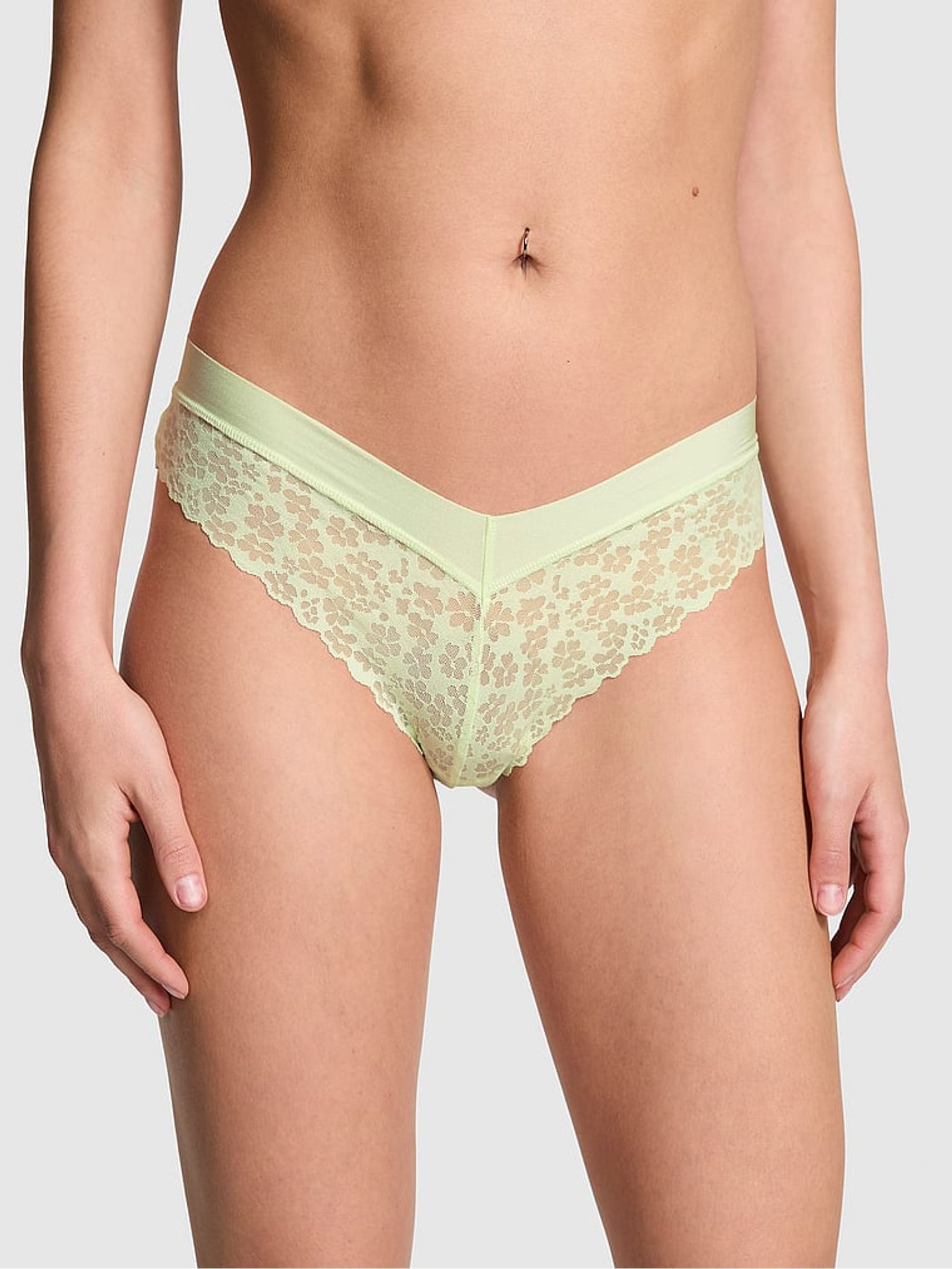 Lime Cream Green Thong No Show Lace Knickers - Image 1 of 3