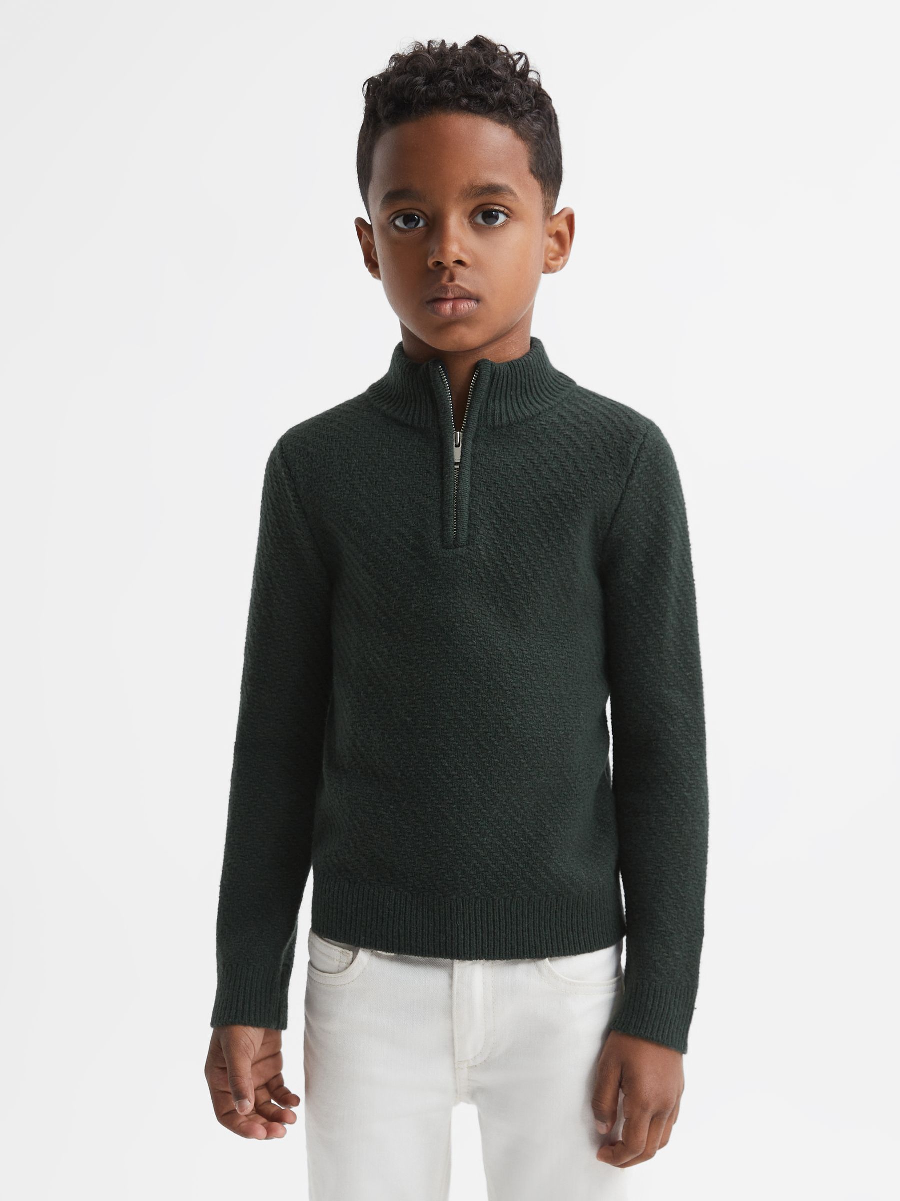 Junior Slim Fit Knitted Half-Zip Funnel Neck Jumper in Forest Green - Image 1 of 5
