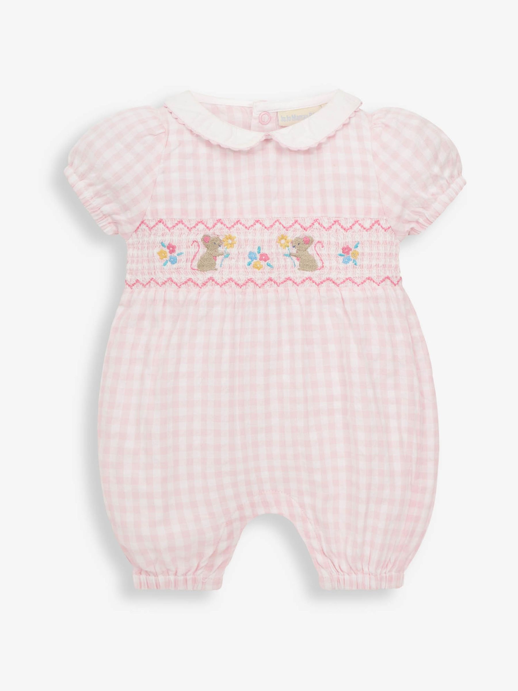 Pale Pink Pink Gingham Embroidered Mouse Baby Romper - Image 1 of 4