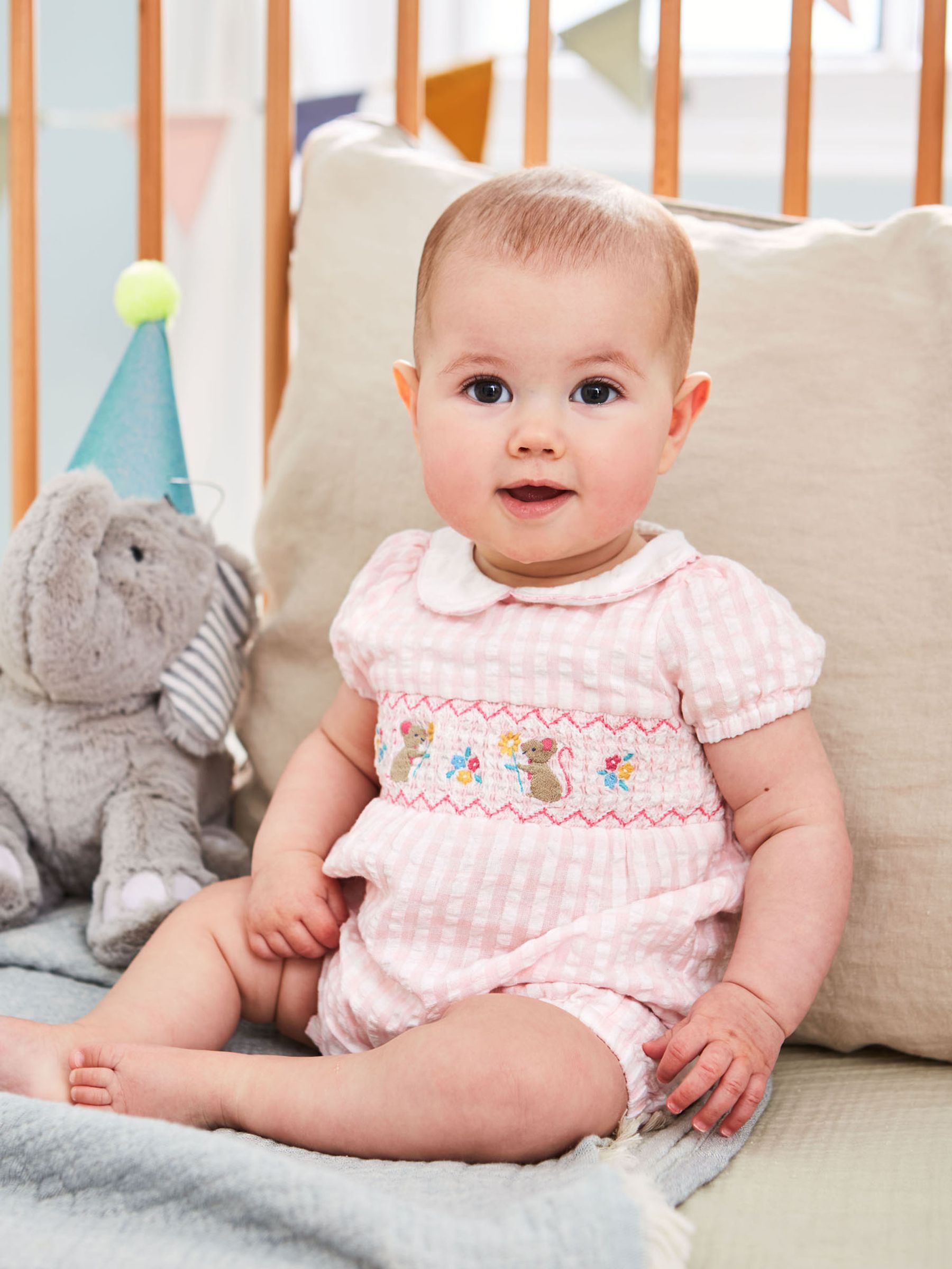 Pale Pink Pink Gingham Embroidered Mouse Baby Romper - Image 3 of 4