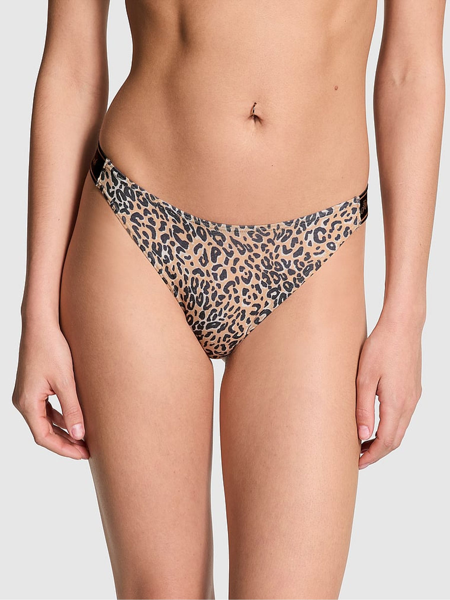 Leopard Brown Thong Cotton Logo Knickers - Image 1 of 3