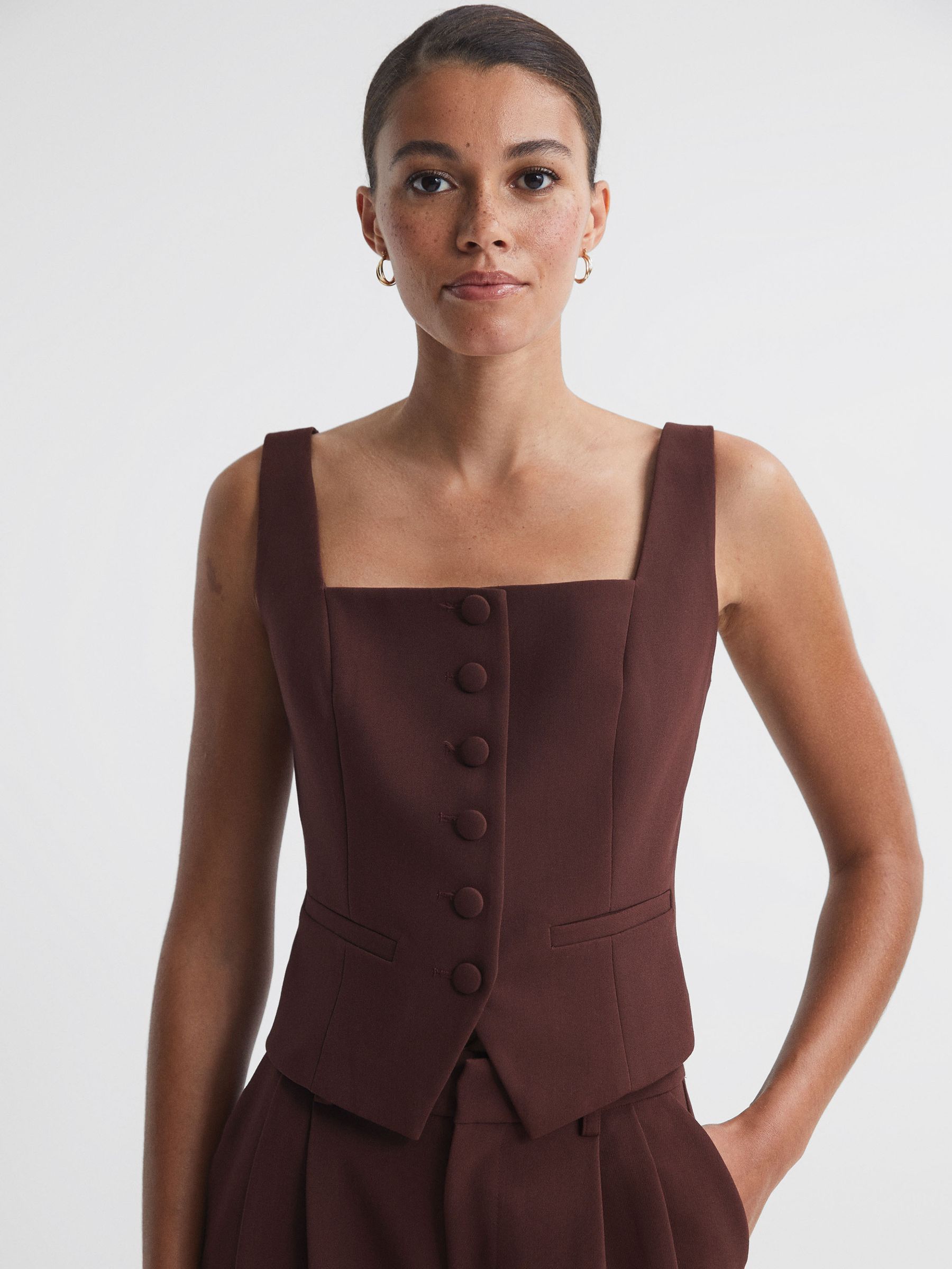 Paige Square Neck Waistcoat in Mahogany - Image 1 of 1
