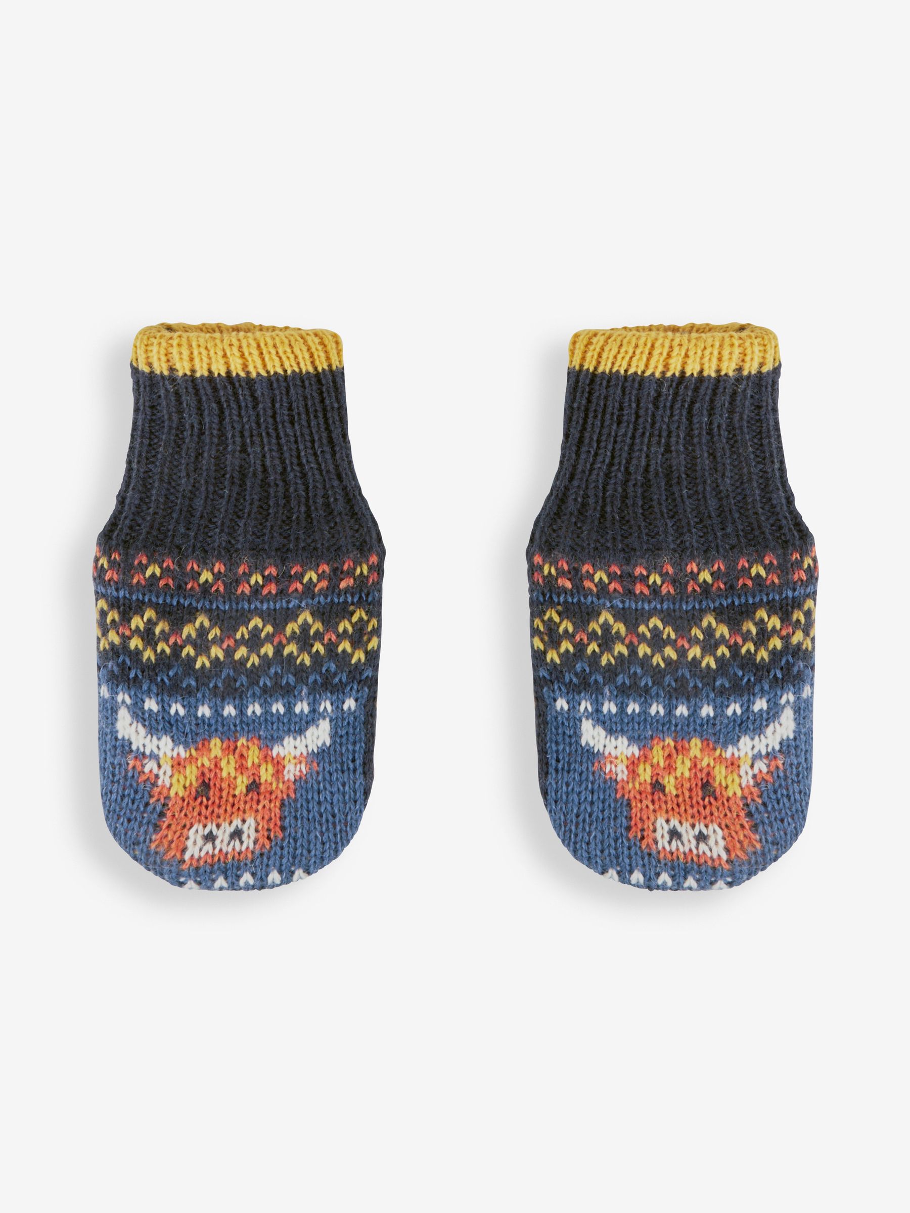 Navy Highland Cow Fair Isle Pattern Mittens - Image 1 of 3