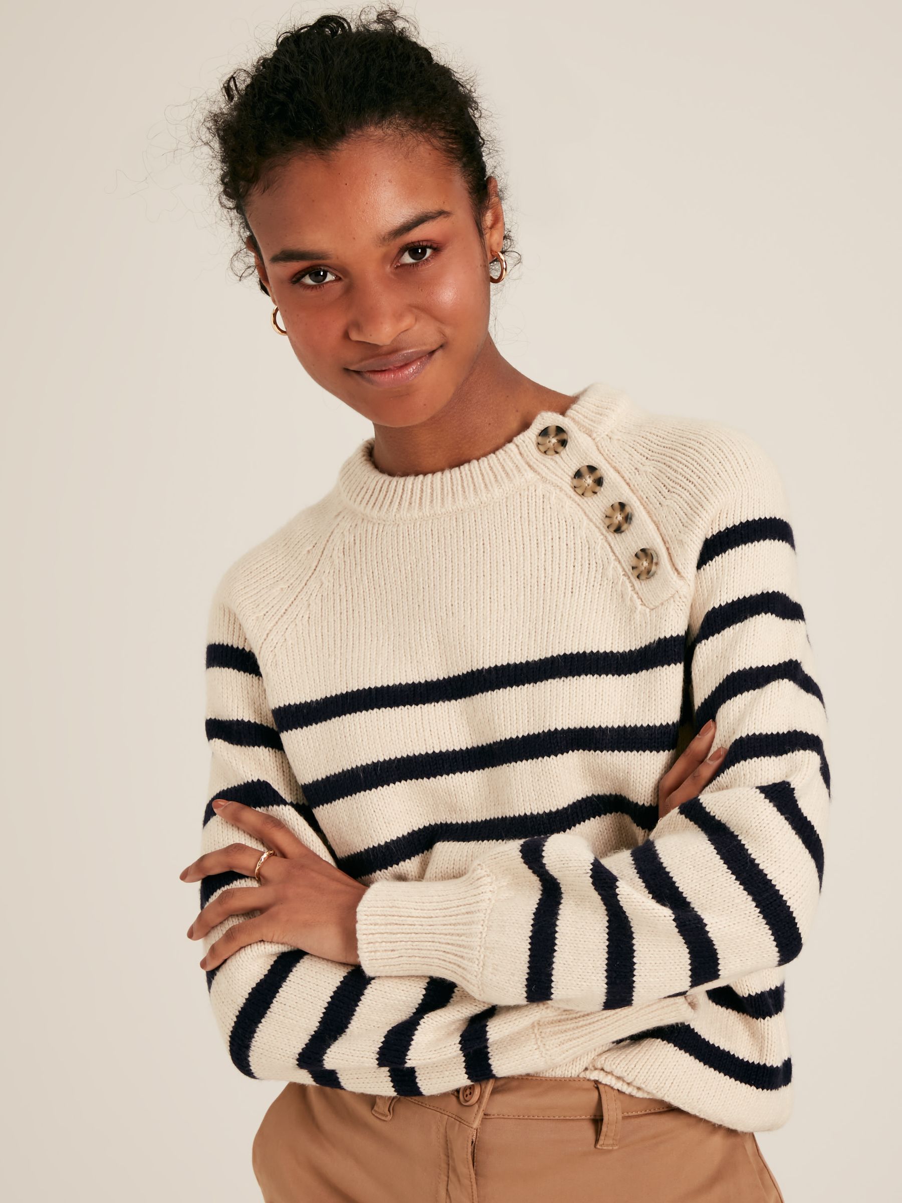 Agnes Cream & Navy Striped Button Neck Jumper - Image 1 of 6