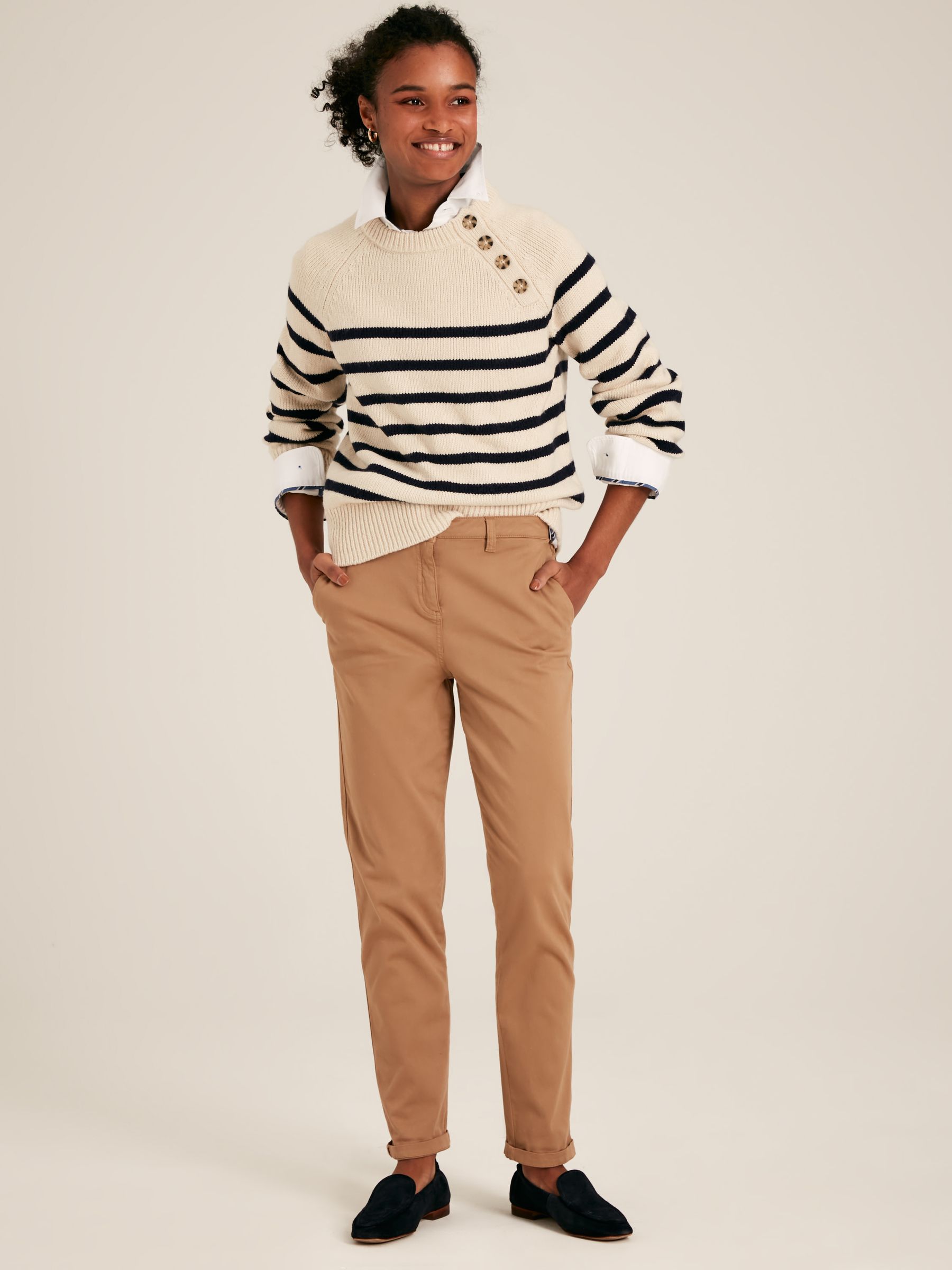 Agnes Cream & Navy Striped Button Neck Jumper - Image 3 of 6