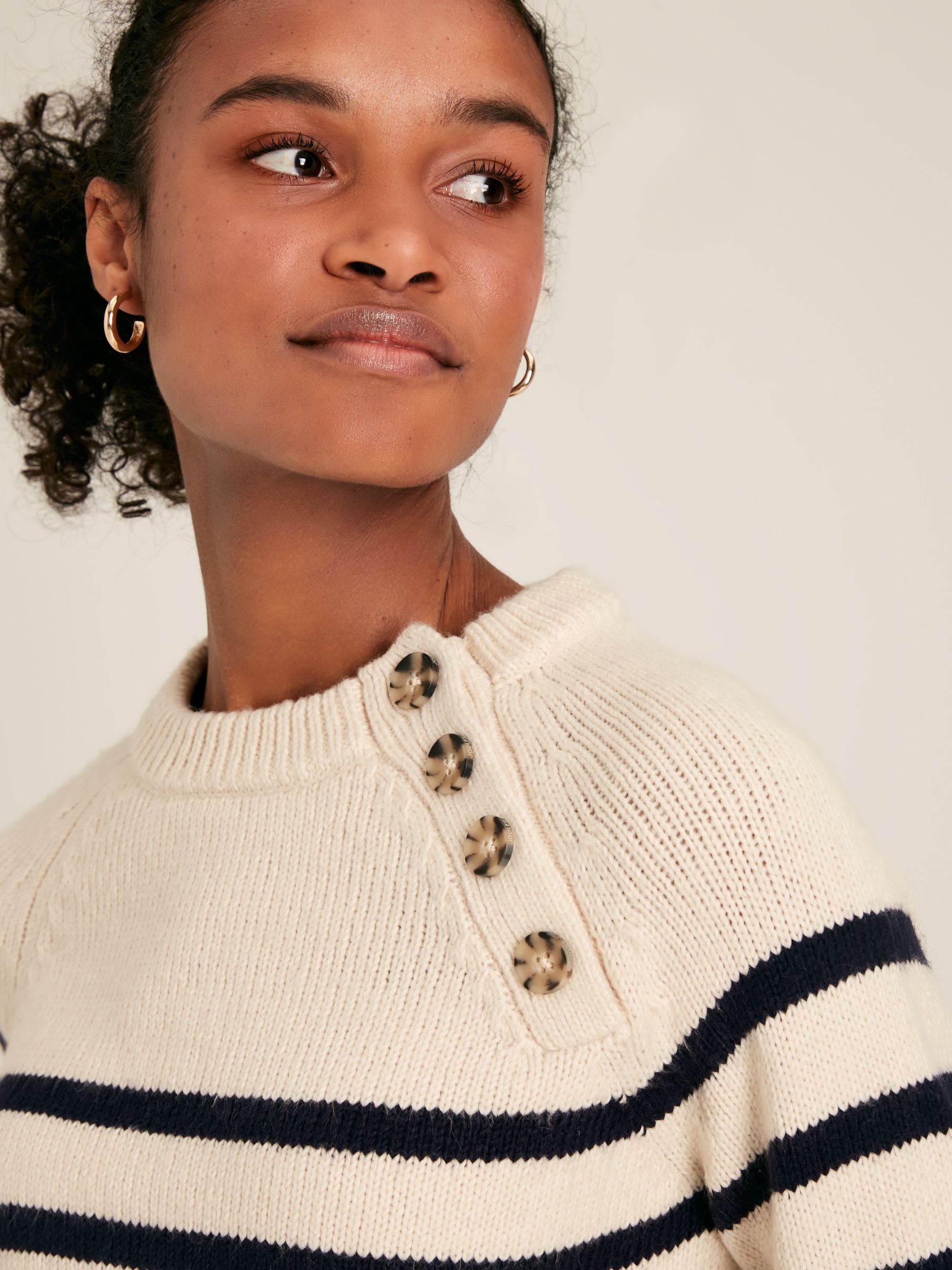 Agnes Cream & Navy Striped Button Neck Jumper - Image 4 of 6