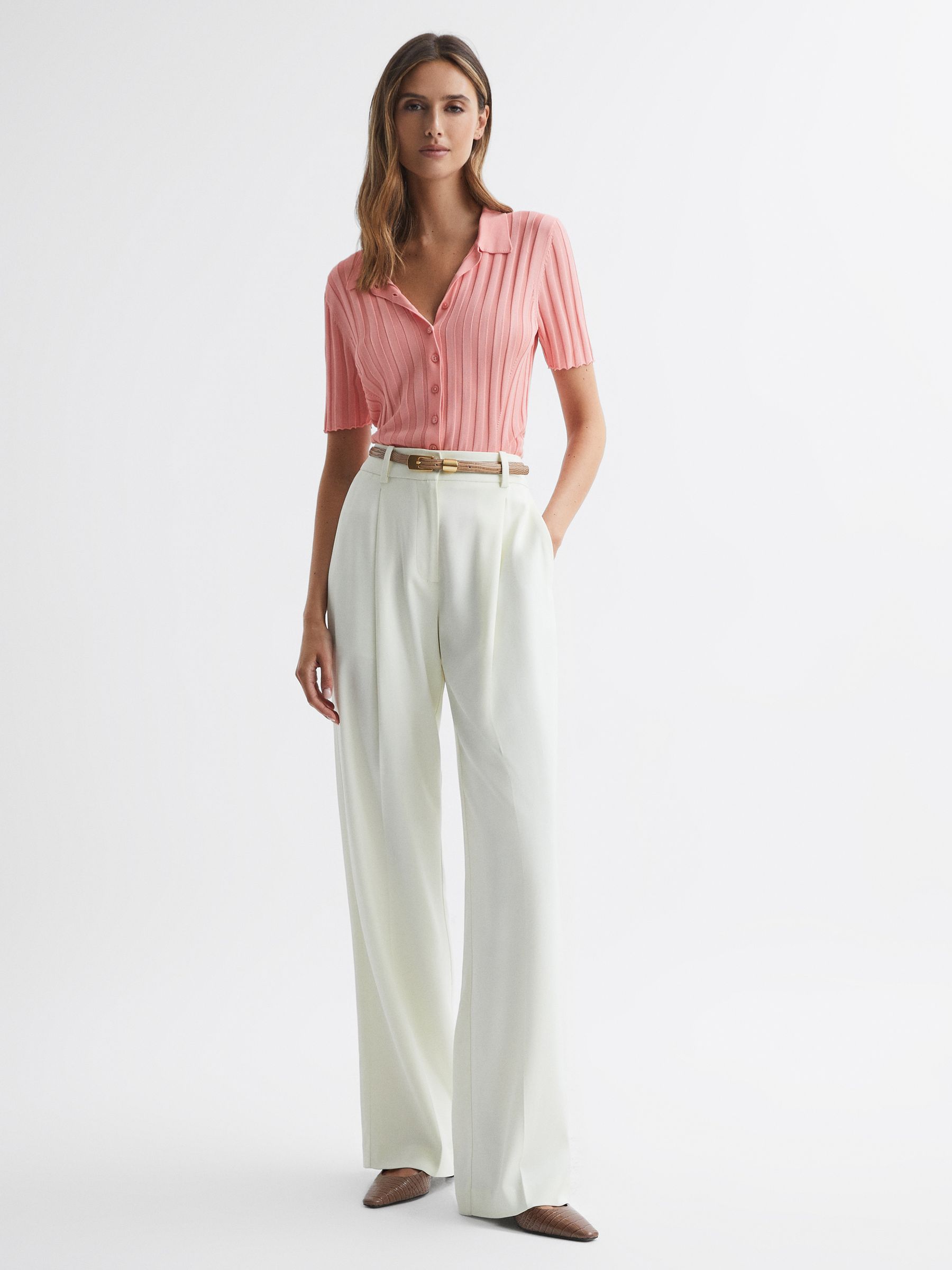 Fitted Striped Button Through T-Shirt in Pink - Image 1 of 5