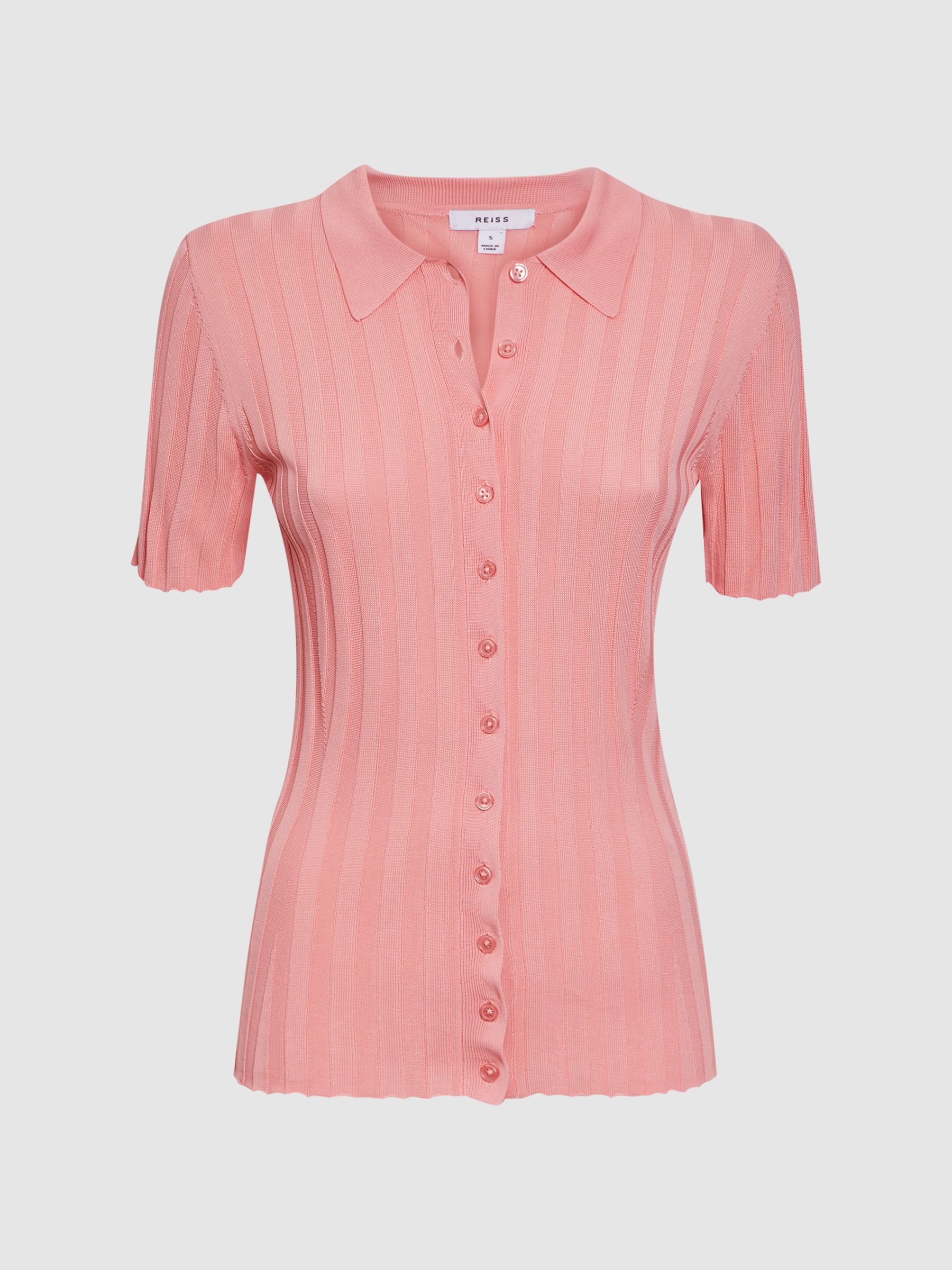 Fitted Striped Button Through T-Shirt in Pink - Image 2 of 5